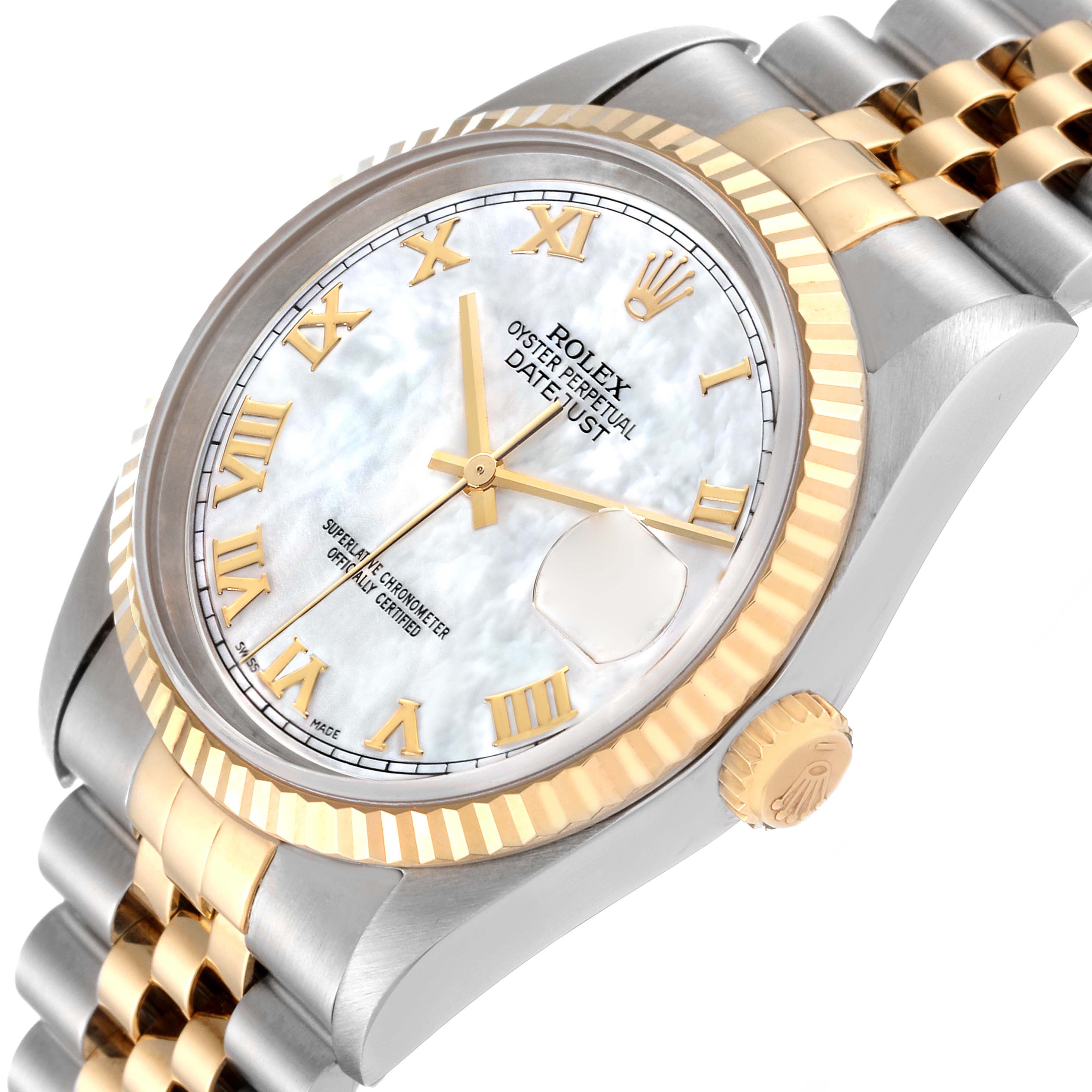 The image shows a Rolex Datejust 16233NR Men's Steel and Gold (two tone) Mother of Pearl Dial 16233NR Men's Steel and Gold (two tone) Mother of Pearl Dial watch from an angled view, highlighting its face, bezel, and part of the band.