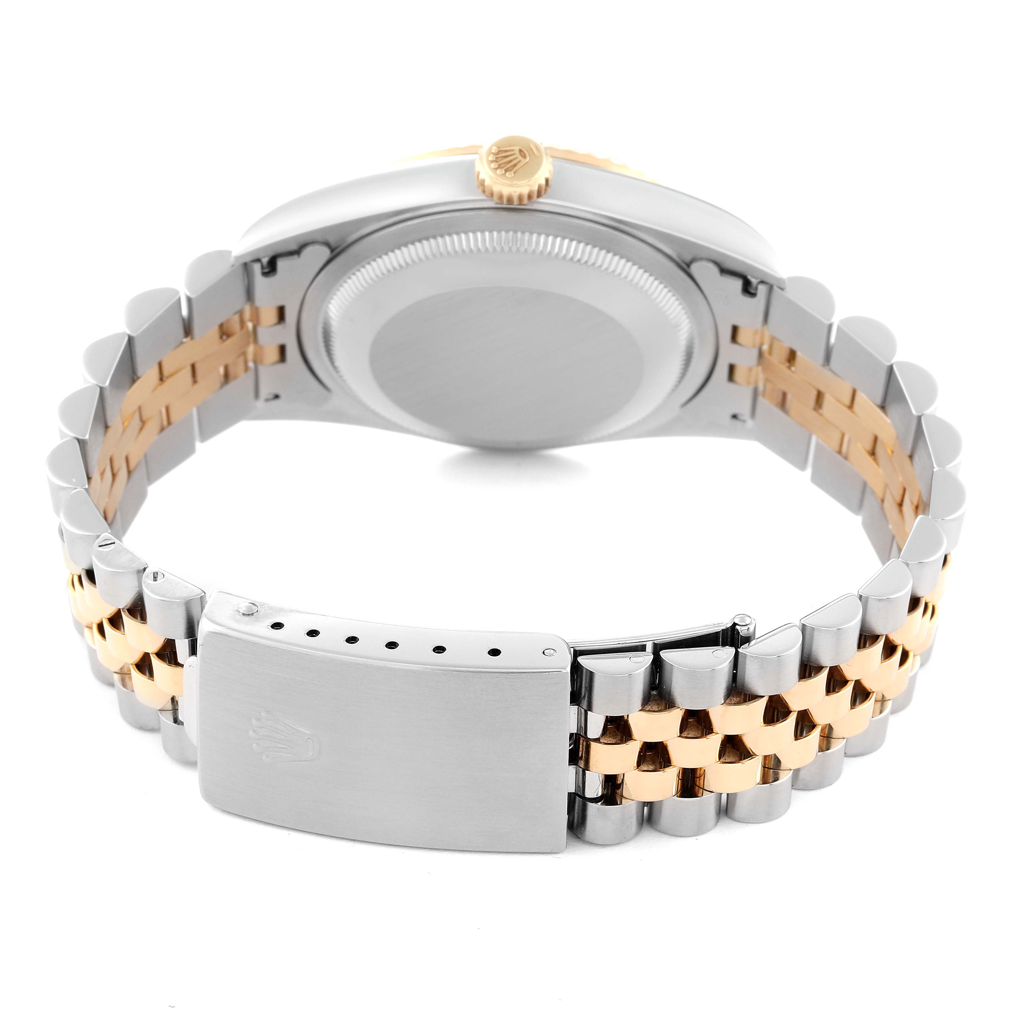 This image shows the back view of a Rolex Datejust 16233NR Men's Steel and Gold (two tone) Mother of Pearl Dial 16233NR Men's Steel and Gold (two tone) Mother of Pearl Dial watch, highlighting its caseback and the two-tone Jubilee bracelet.