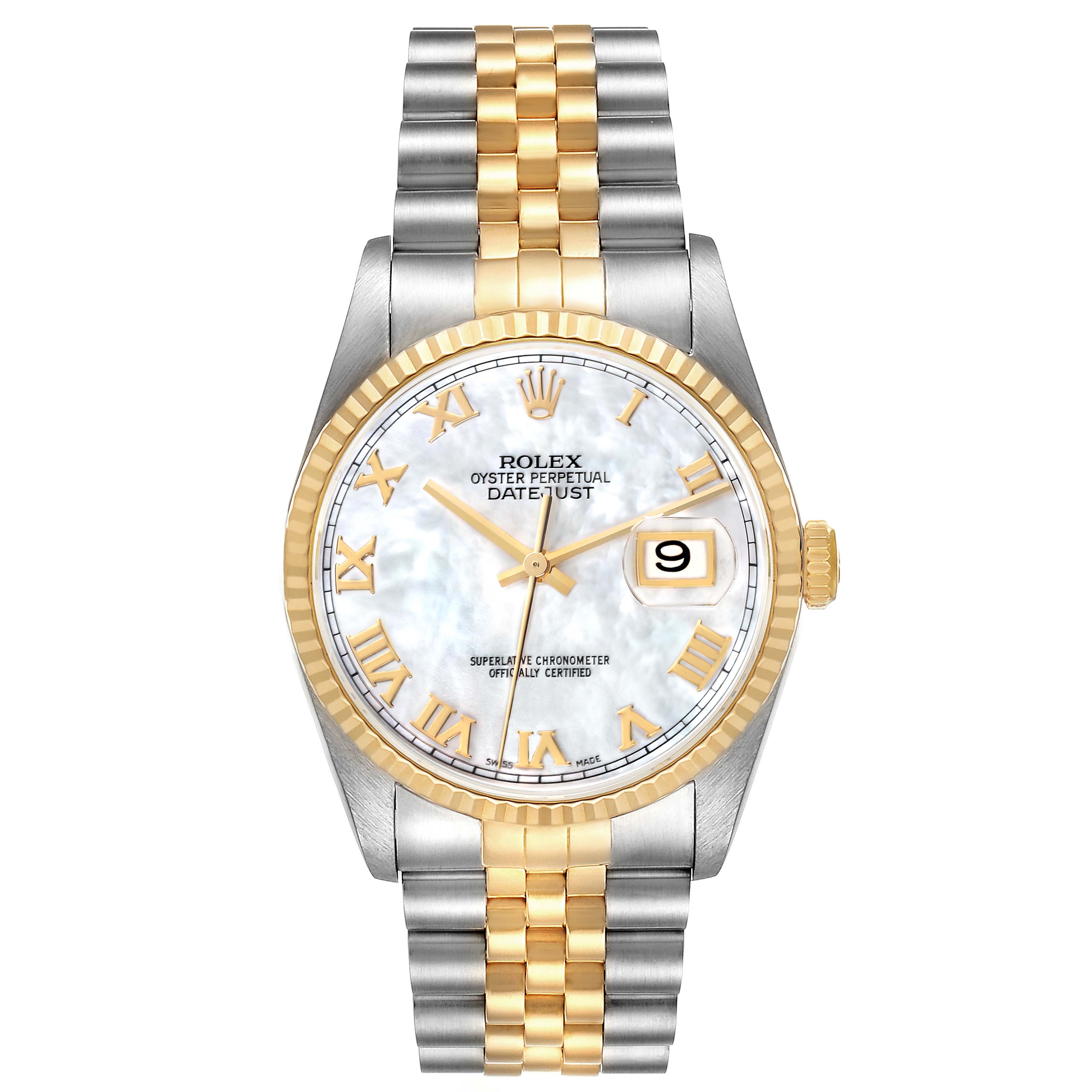 The image shows a Rolex Datejust 16233NR Men's Steel and Gold (two tone) Mother of Pearl Dial 16233NR Men's Steel and Gold (two tone) Mother of Pearl Dial watch from a frontal angle, displaying the dial, bezel, crown, and two-tone bracelet.