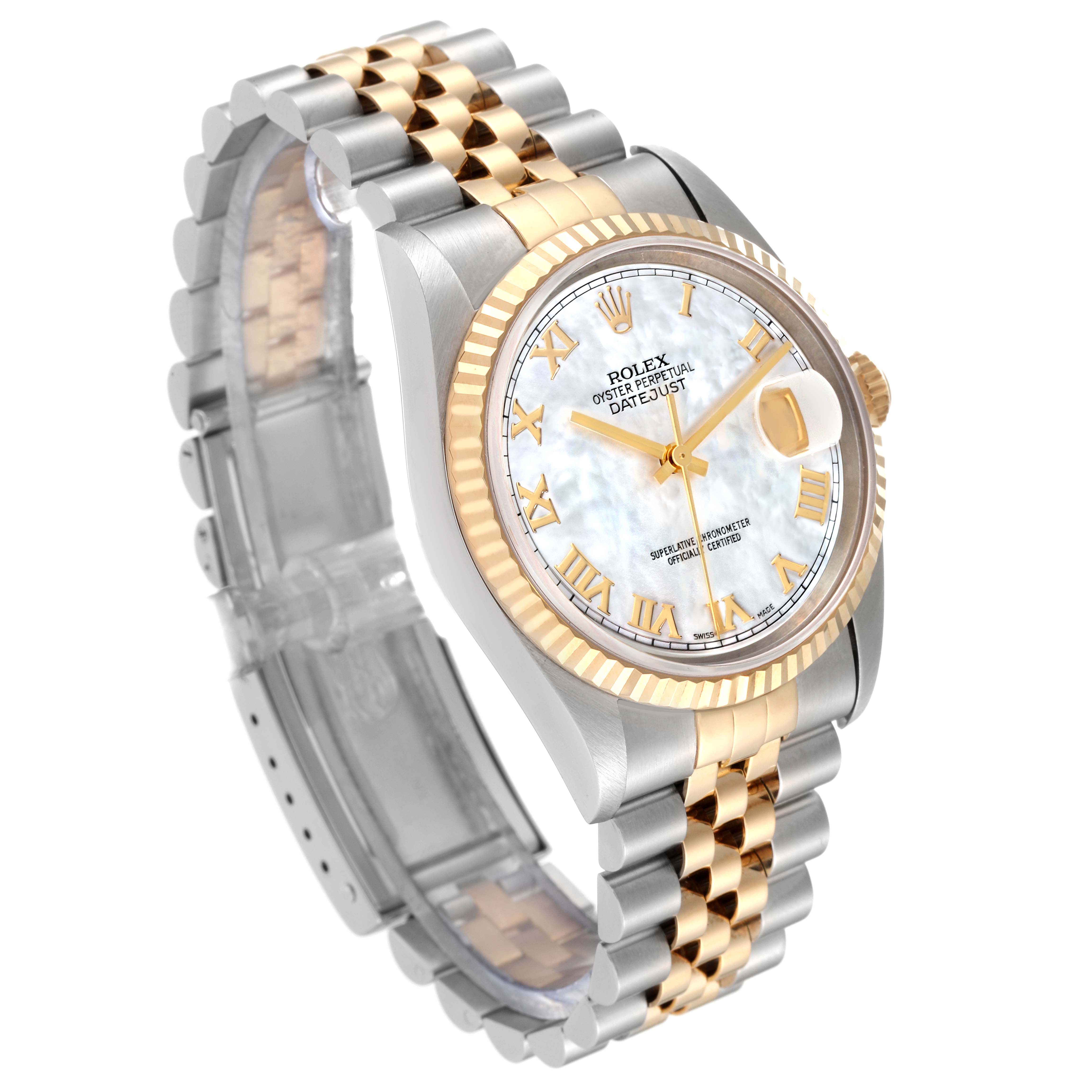 The Rolex Datejust 16233NR Men's Steel and Gold (two tone) Mother of Pearl Dial 16233NR Men's Steel and Gold (two tone) Mother of Pearl Dial watch is angled to show its face, bezel, and two-tone bracelet.
