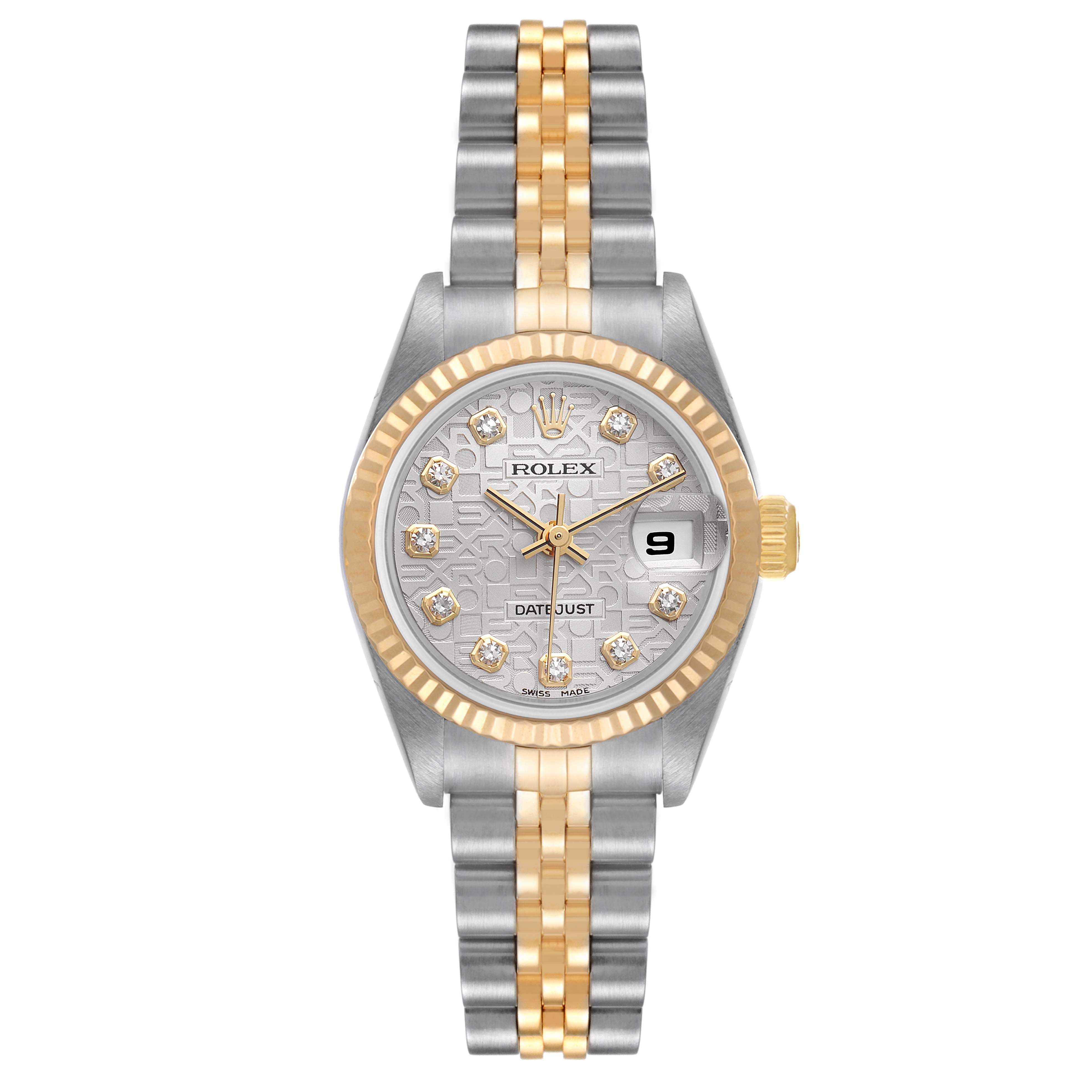 This is a front view of a Rolex Datejust 79173 Women
s Steel and Gold (two tone) Silver Dial 79173 Women
s Steel and Gold (two tone) Silver Dial watch, showing the face, bezel, and bracelet.