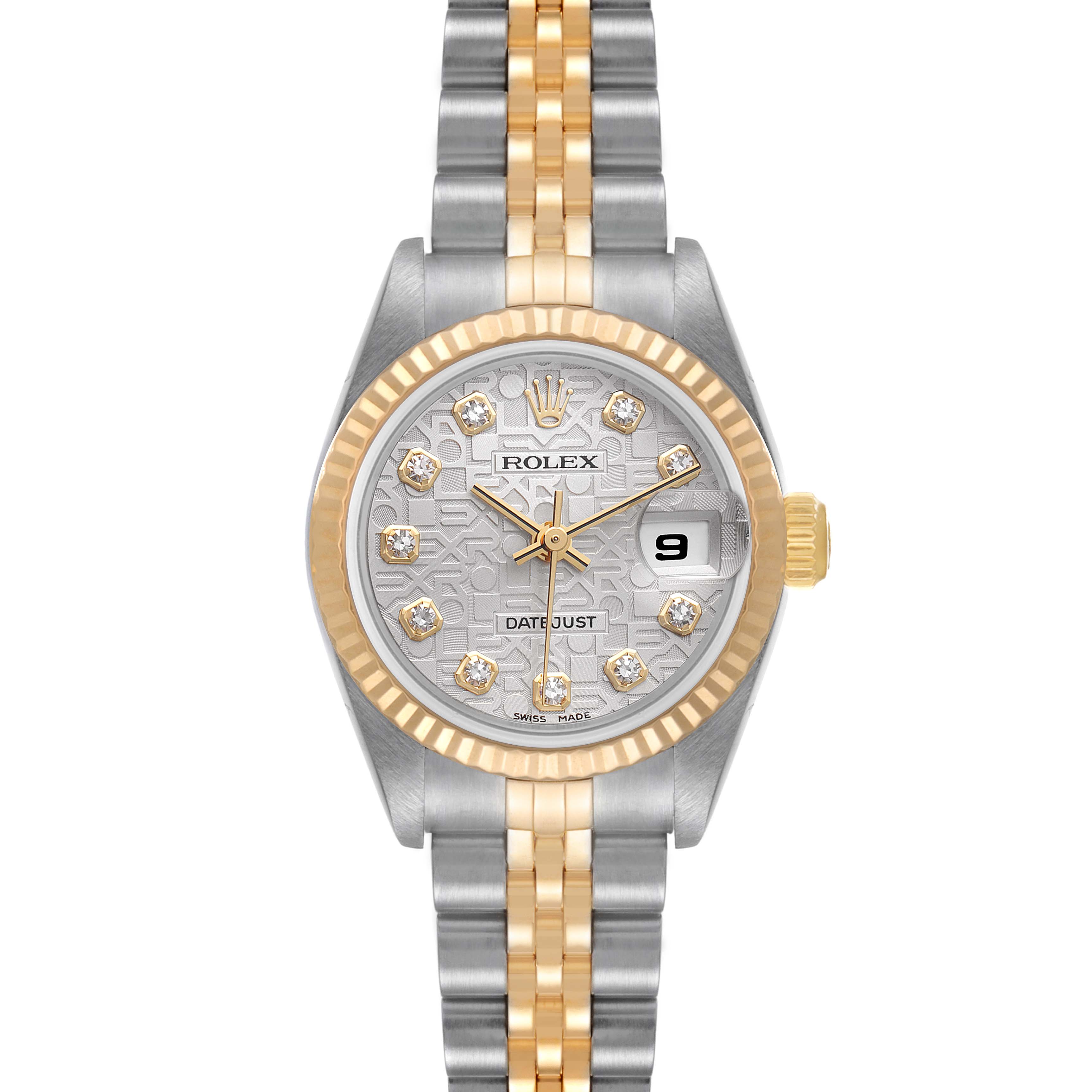 The image shows a front view of a Rolex Datejust 79173 Women
s Steel and Gold (two tone) Silver Dial 79173 Women
s Steel and Gold (two tone) Silver Dial watch, highlighting the dial, bezel, hands, date display, and two-tone bracelet.