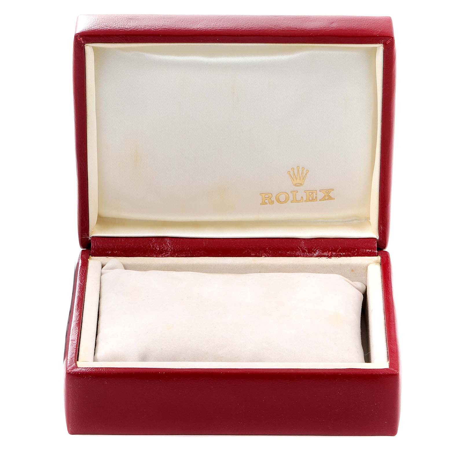 The image shows an open red box for the Rolex Datejust 79173 Women
s Steel and Gold (two tone) Silver Dial 79173 Women
s Steel and Gold (two tone) Silver Dial model, with a cushion inside.