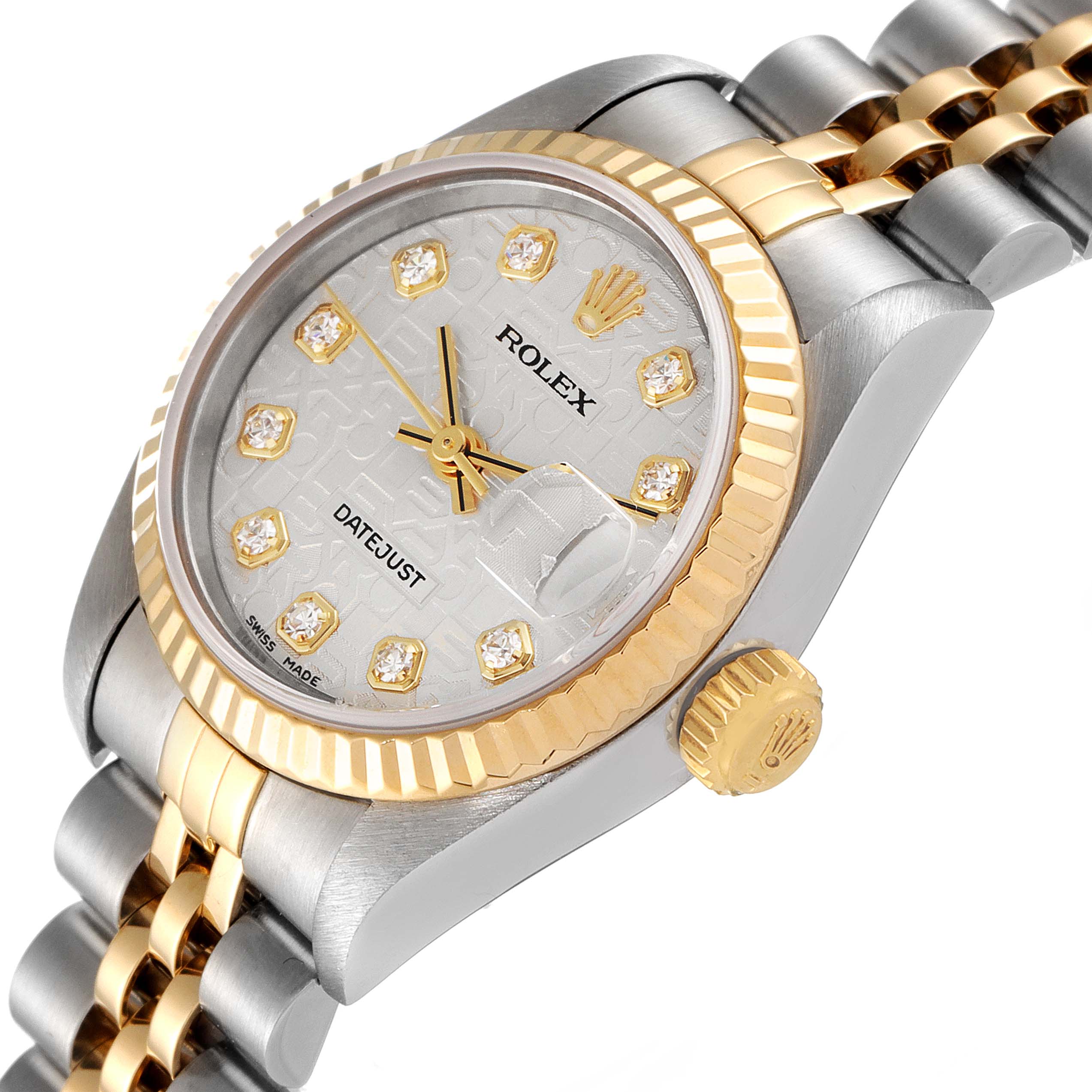 The Rolex Datejust 79173 Women
s Steel and Gold (two tone) Silver Dial 79173 Women
s Steel and Gold (two tone) Silver Dial watch is shown at an angle highlighting its face, bezel, crown, and part of the bracelet.