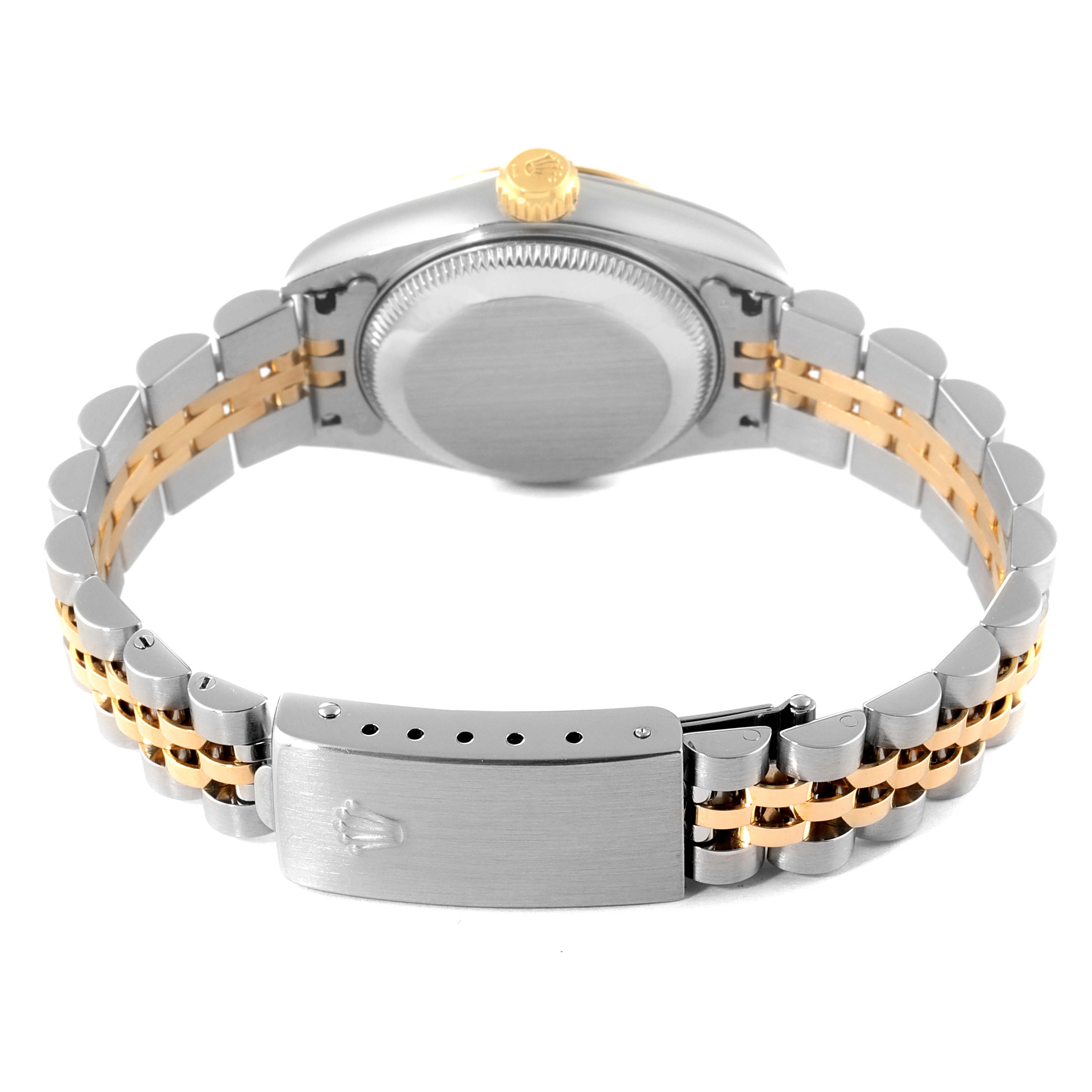 The image shows the back case, crown, and bracelet of a Rolex Datejust 79173 Women
s Steel and Gold (two tone) Silver Dial 79173 Women
s Steel and Gold (two tone) Silver Dial watch.