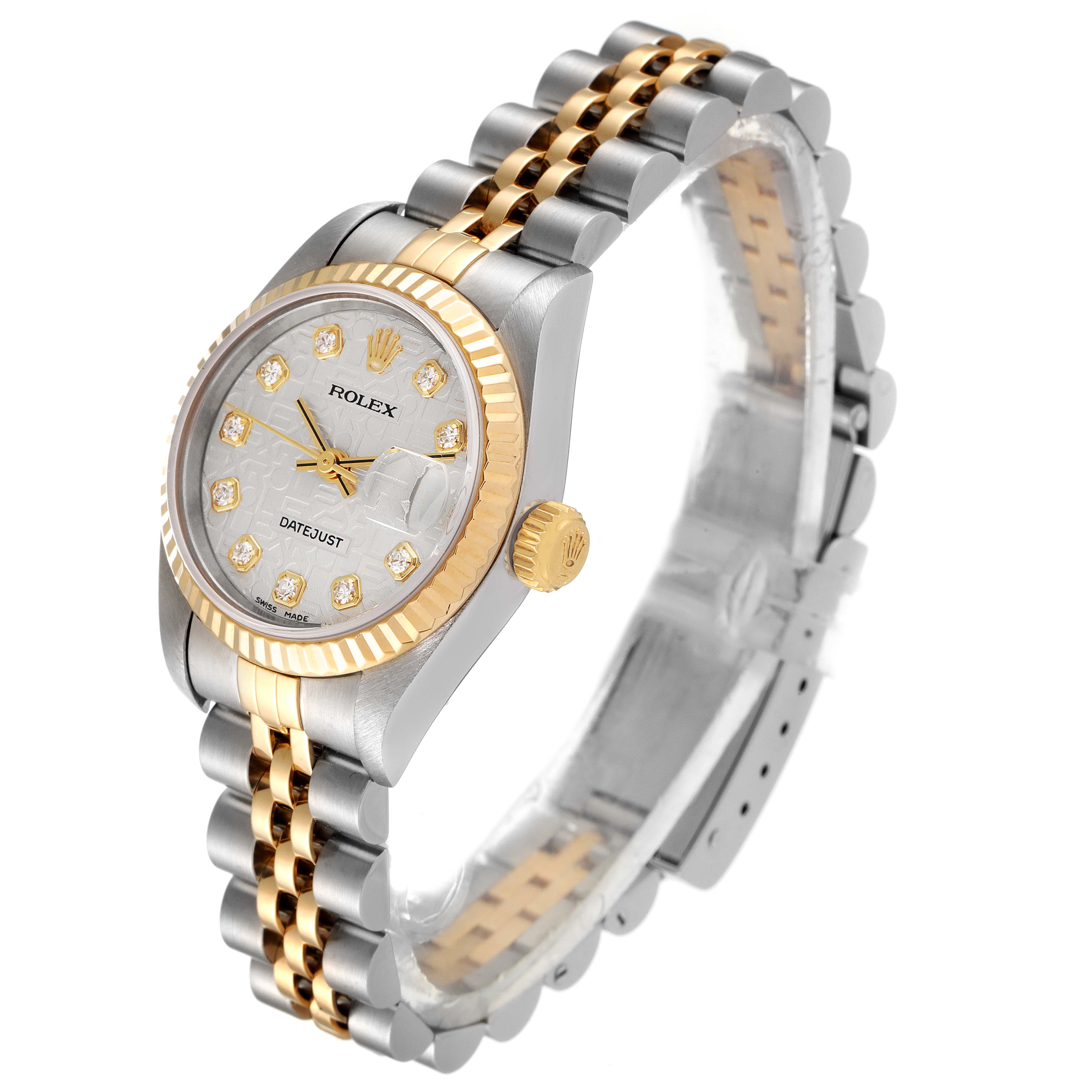 The image shows a side angle of the Rolex Datejust 79173 Women
s Steel and Gold (two tone) Silver Dial 79173 Women
s Steel and Gold (two tone) Silver Dial, highlighting the dial, crown, bezel, and two-tone bracelet.