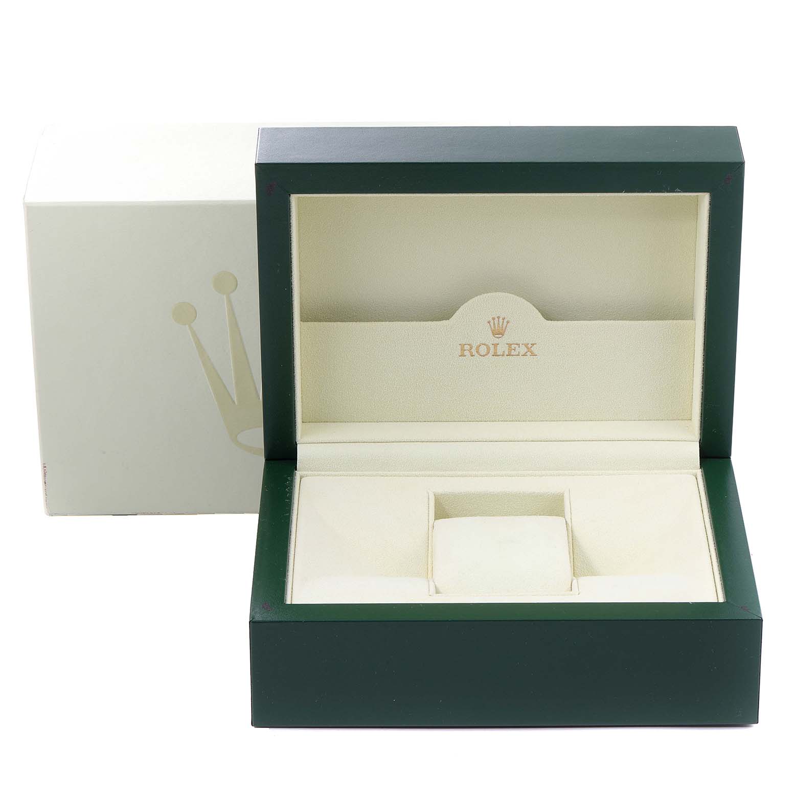 The image shows an open green and beige box for a Rolex Datejust 116233 Men's Steel and Gold (two tone) Silver Dial 116233 Men's Steel and Gold (two tone) Silver Dial watch, with the brand's logo inside.