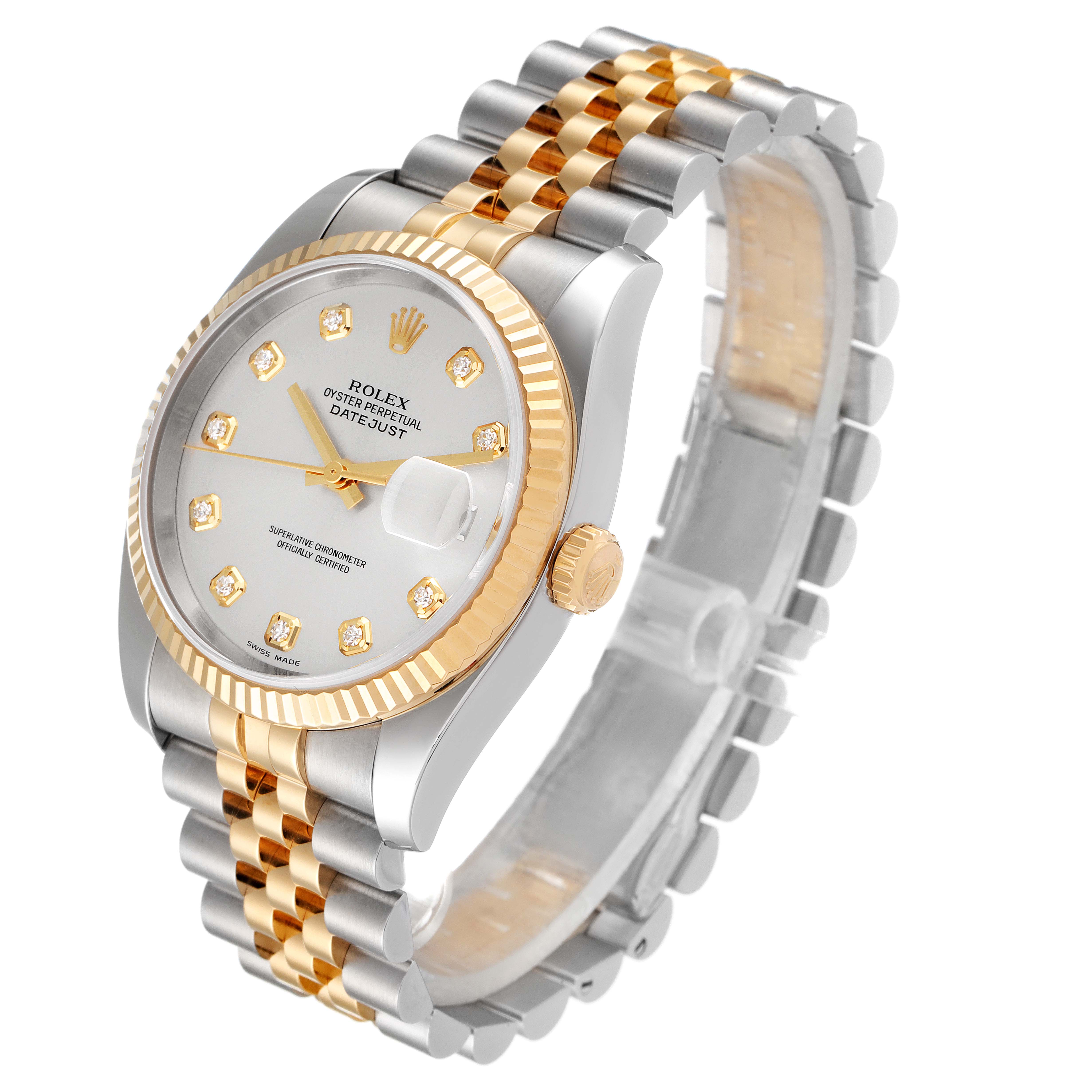 The Rolex Datejust 116233 Men's Steel and Gold (two tone) Silver Dial 116233 Men's Steel and Gold (two tone) Silver Dial watch is shown at a three-quarter angle, highlighting its face, fluted bezel, and two-tone Jubilee bracelet.
