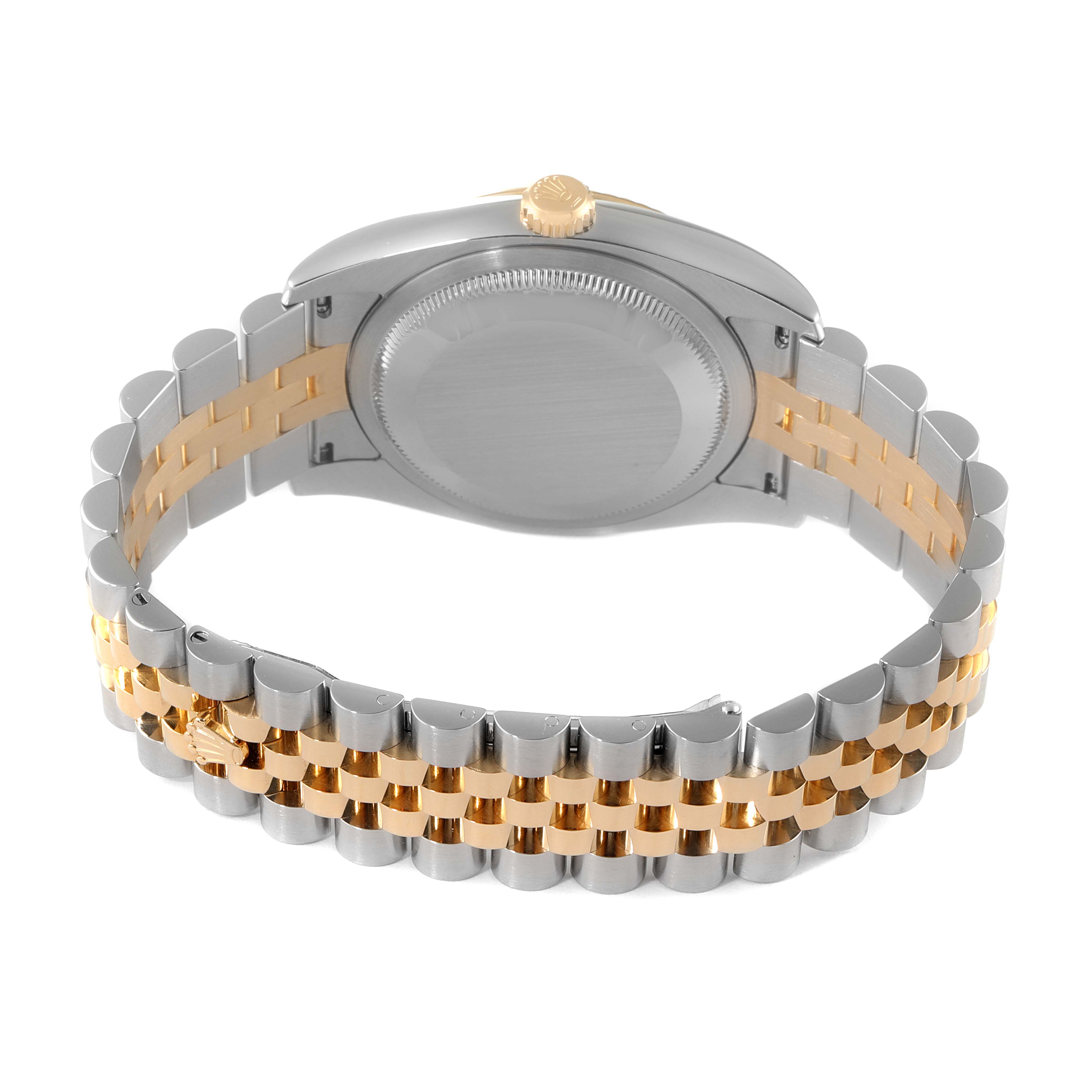 The image shows the back and bracelet of a Rolex Datejust 116233 Men's Steel and Gold (two tone) Silver Dial 116233 Men's Steel and Gold (two tone) Silver Dial watch, highlighting its two-tone metal design.