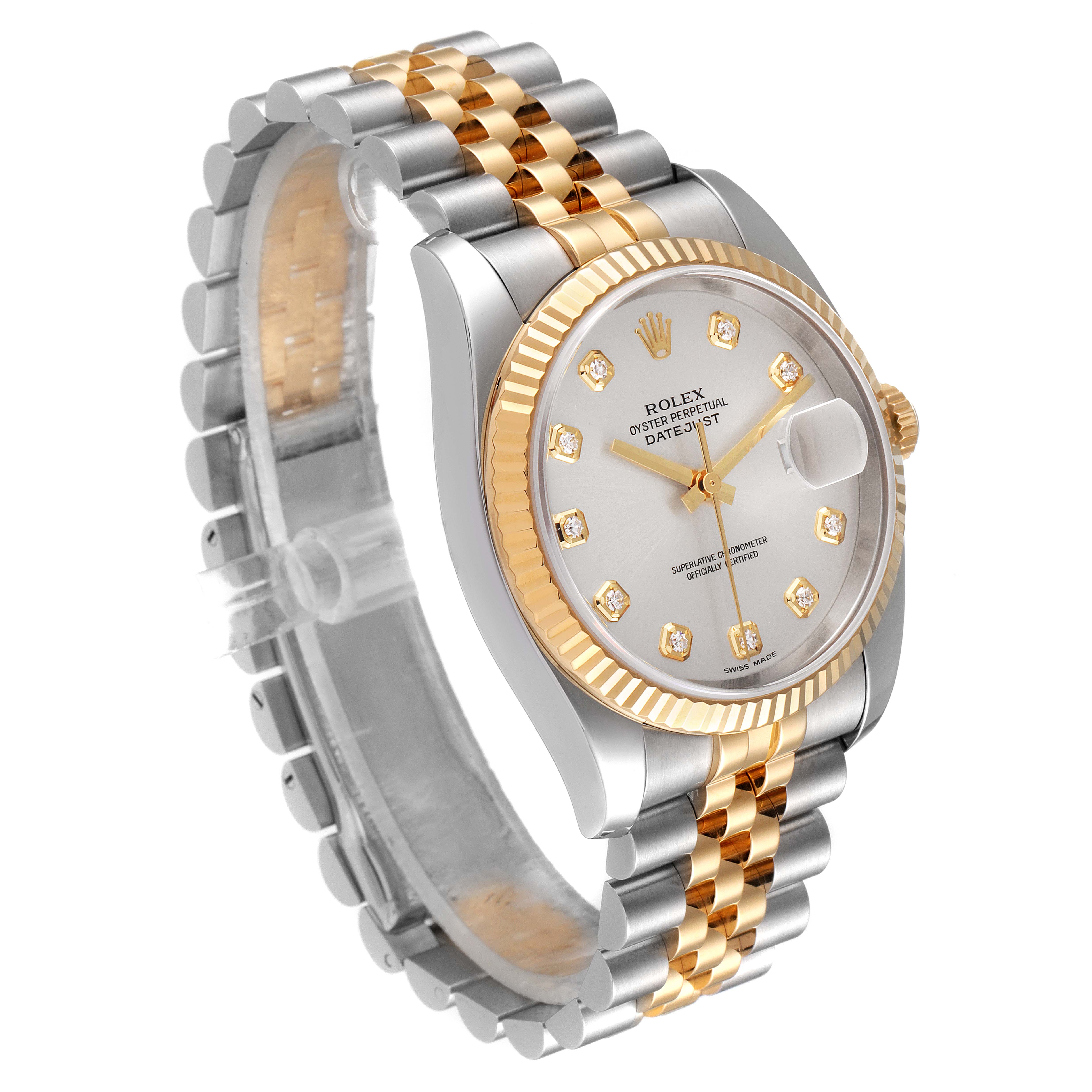 This image shows a Rolex Datejust 116233 Men's Steel and Gold (two tone) Silver Dial 116233 Men's Steel and Gold (two tone) Silver Dial watch at an angled view, highlighting its gold and silver jubilee bracelet and diamond-accented dial.