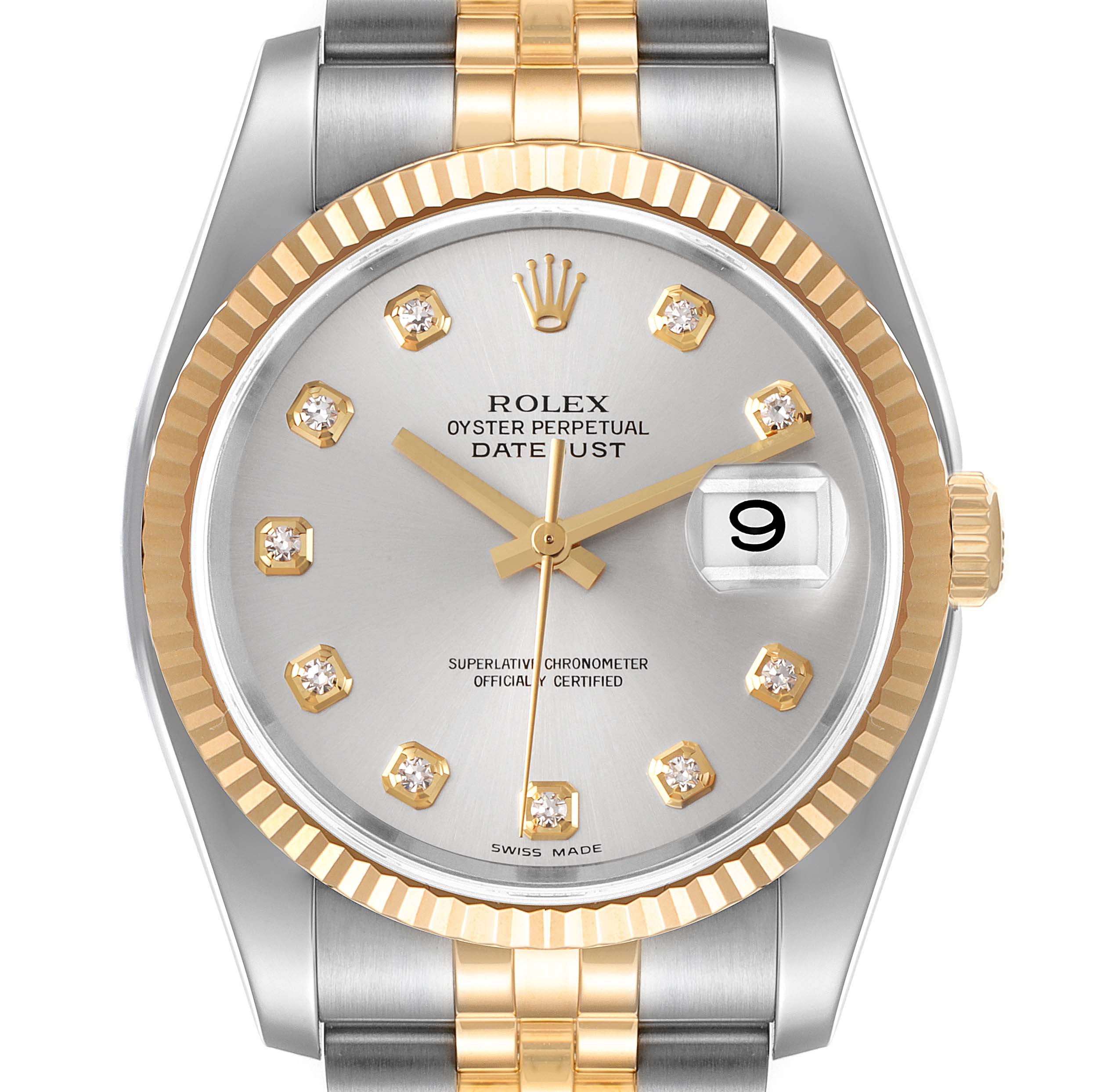The image shows a Rolex Datejust 116233 Men's Steel and Gold (two tone) Silver Dial 116233 Men's Steel and Gold (two tone) Silver Dial watch from the front, featuring a silver dial, diamond hour markers, and a two-tone bracelet.