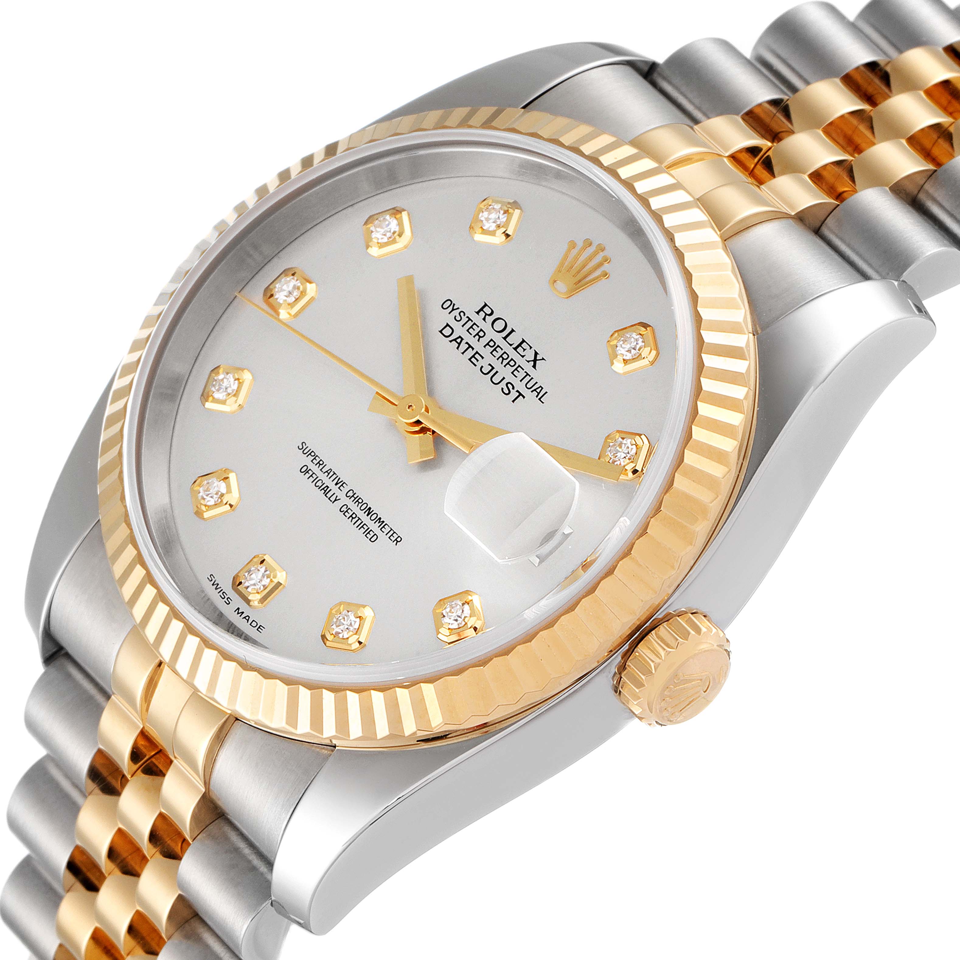 This image shows a Rolex Datejust 116233 Men's Steel and Gold (two tone) Silver Dial 116233 Men's Steel and Gold (two tone) Silver Dial watch at an angle highlighting the bezel, dial, and partially the bracelet.