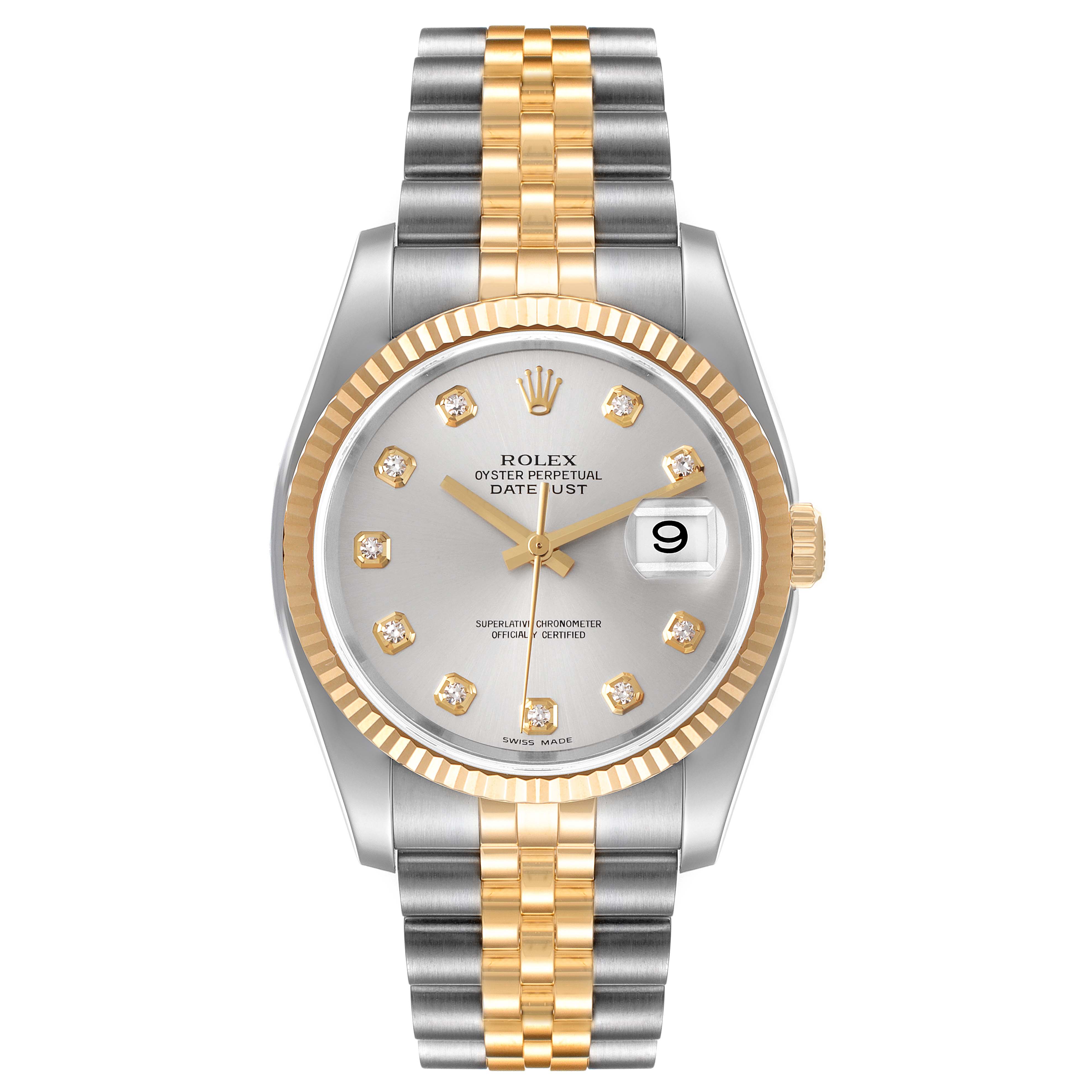 This image shows a front view of a Rolex Datejust 116233 Men's Steel and Gold (two tone) Silver Dial 116233 Men's Steel and Gold (two tone) Silver Dial watch, highlighting the dial, bezel, and two-tone bracelet.