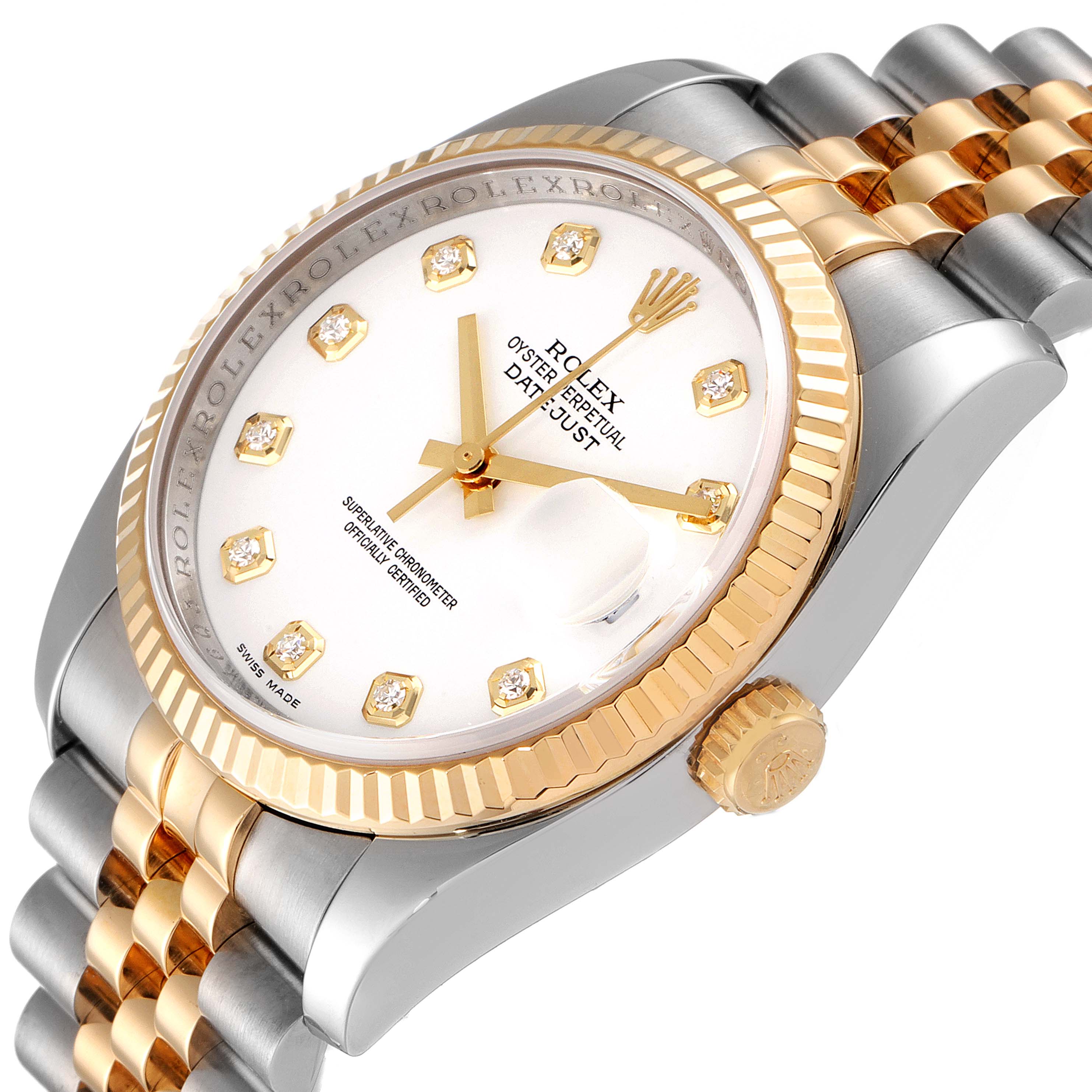 The image shows a close-up, angled view of the Rolex Datejust 116233 Men's Steel and Gold (two tone) White Dial 116233 Men's Steel and Gold (two tone) White Dial watch, highlighting the face, bezel, and bracelet.