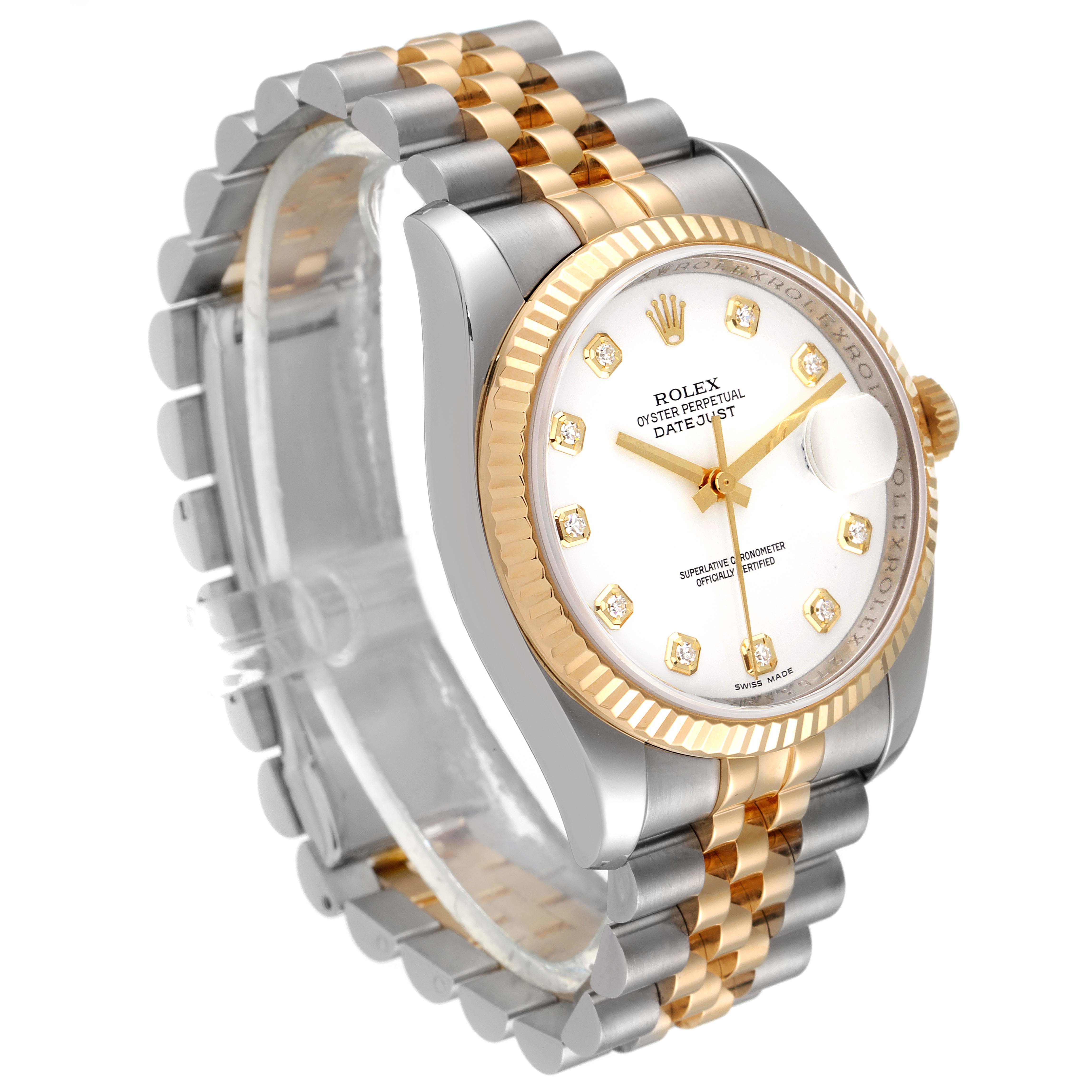 This Rolex Datejust 116233 Men's Steel and Gold (two tone) White Dial 116233 Men's Steel and Gold (two tone) White Dial watch is shown at a three-quarter angle, highlighting its dial, bezel, and two-tone bracelet.
