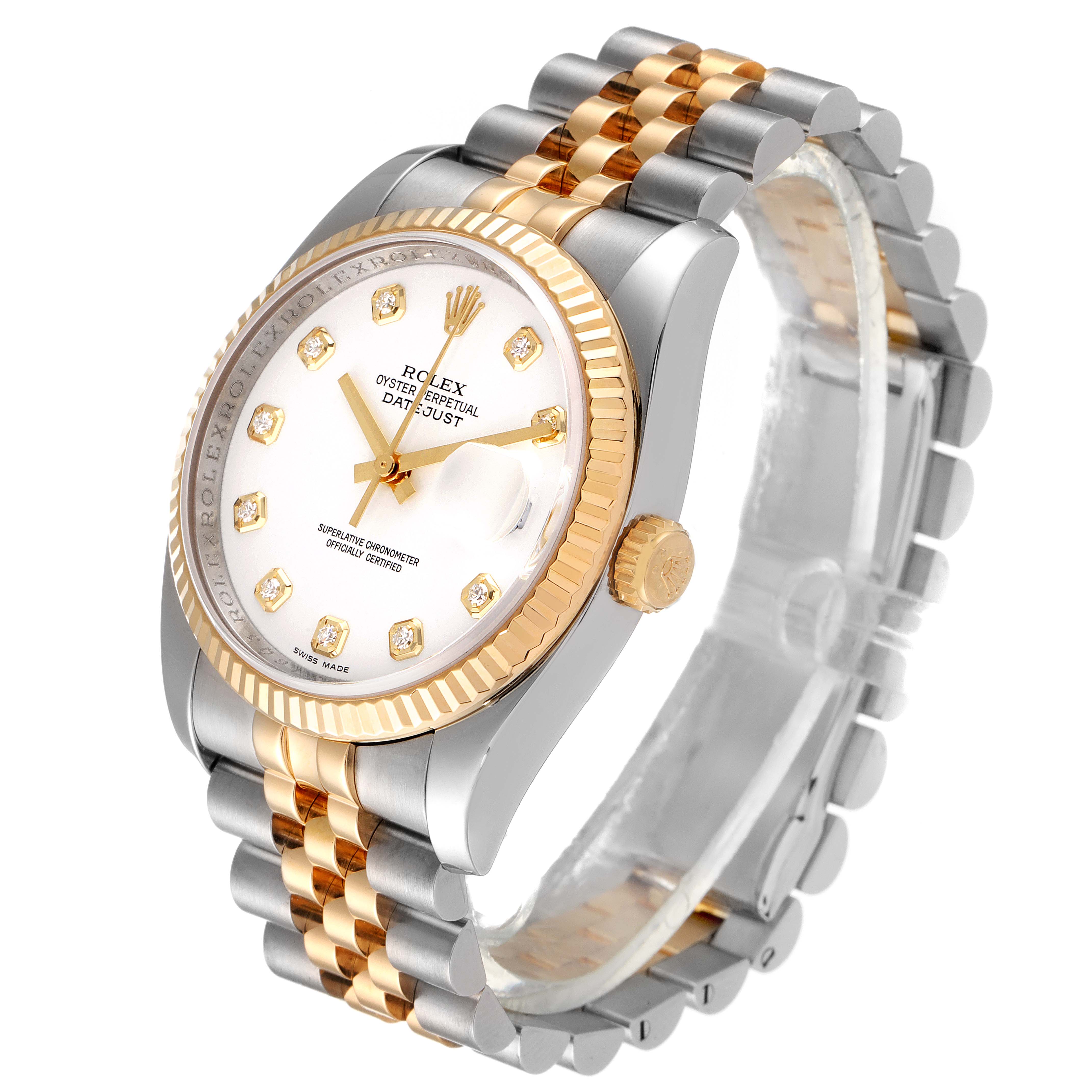 The Rolex Datejust 116233 Men's Steel and Gold (two tone) White Dial 116233 Men's Steel and Gold (two tone) White Dial watch is shown at an angle displaying its face, bracelet, crown, and case.