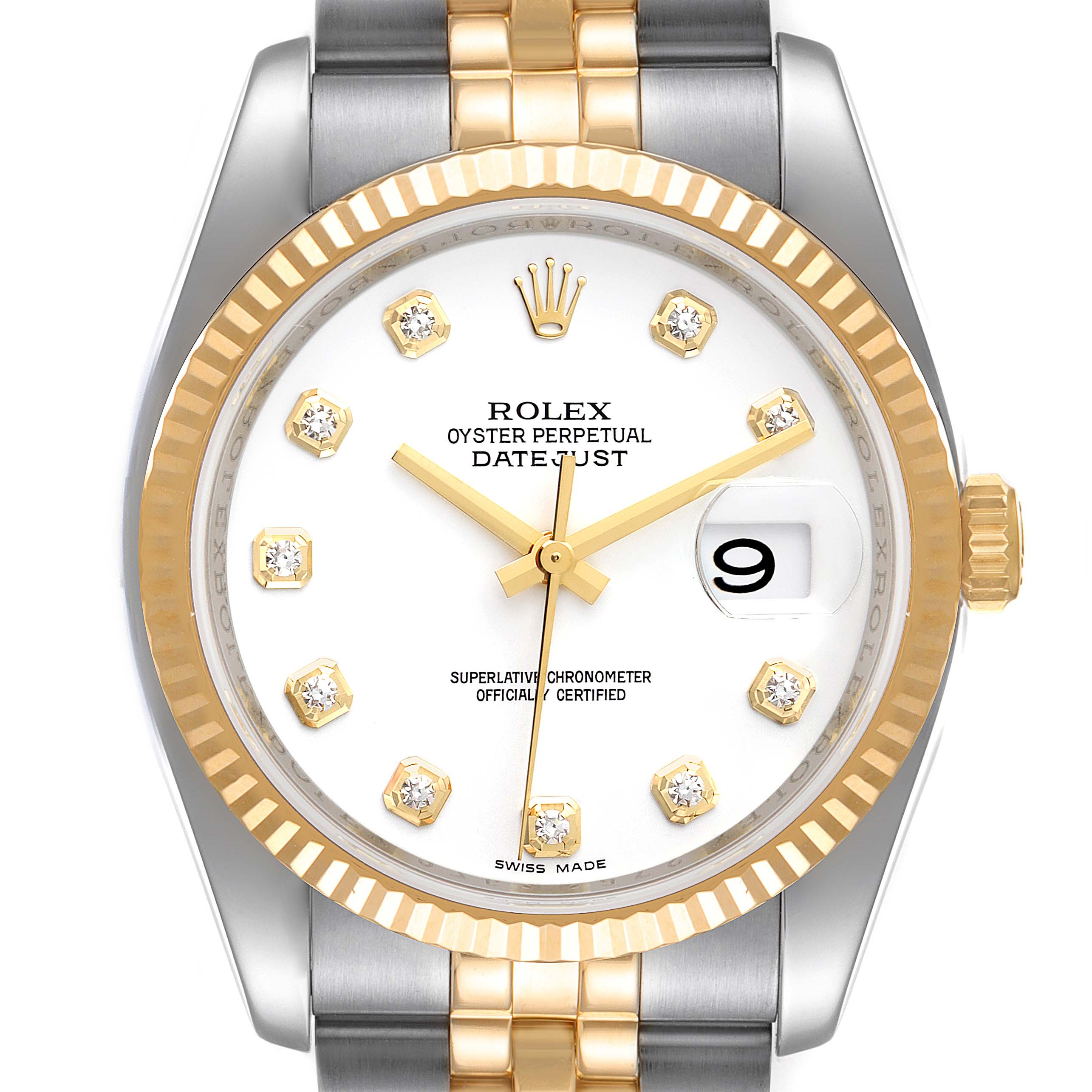 The image shows the face and part of the bracelet of a Rolex Datejust 116233 Men's Steel and Gold (two tone) White Dial 116233 Men's Steel and Gold (two tone) White Dial watch, featuring a gold and stainless steel finish.