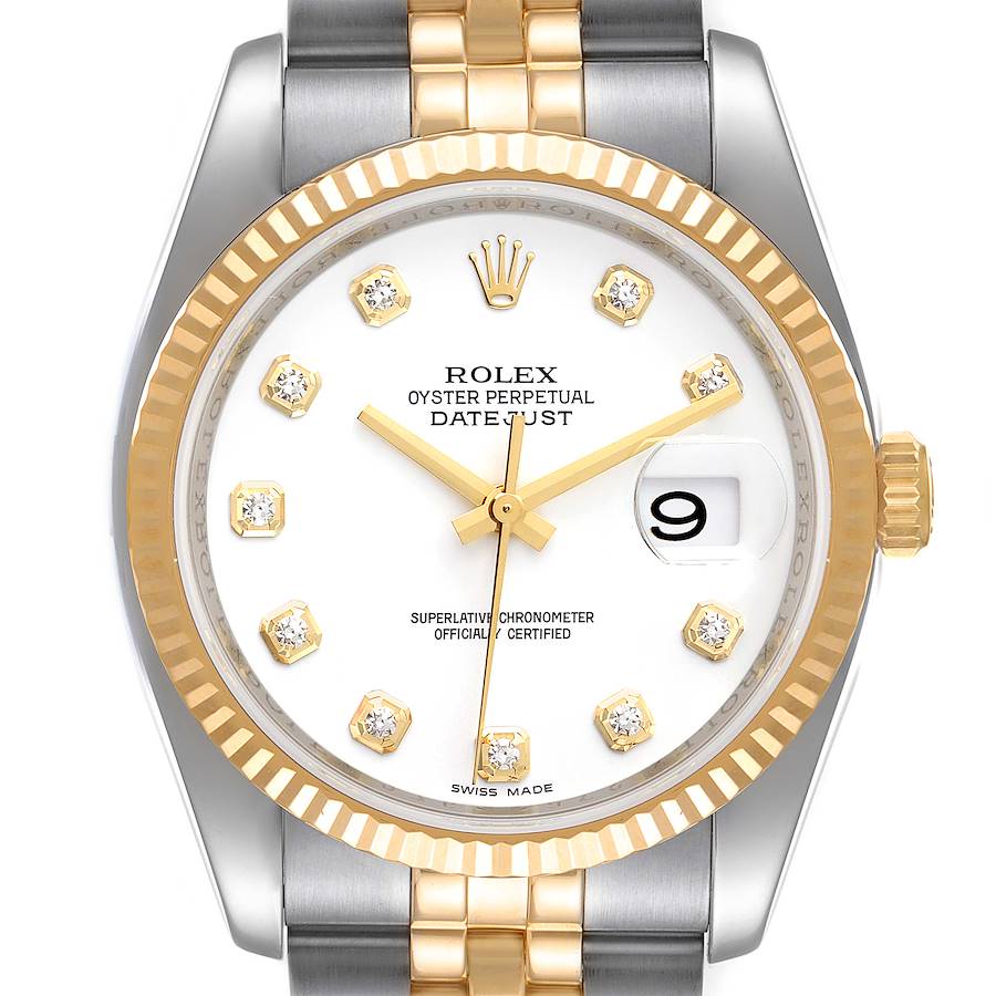 Rolex Datejust White Diamond Dial Steel Yellow Gold Mens Watch 116233 SwissWatchExpo