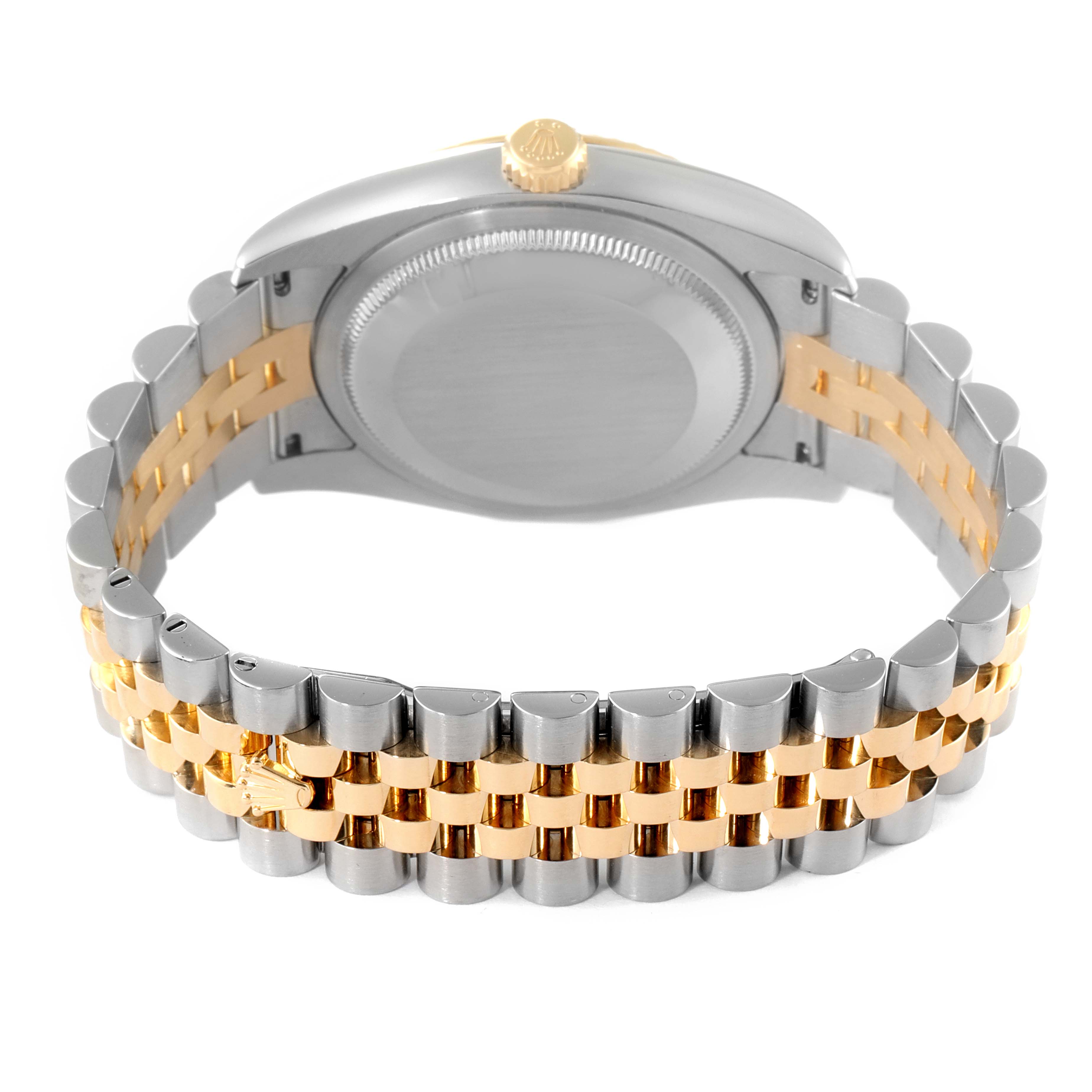This image shows the Rolex Datejust 116233 Men's Steel and Gold (two tone) White Dial 116233 Men's Steel and Gold (two tone) White Dial watch from the back, highlighting the case back and two-tone bracelet.