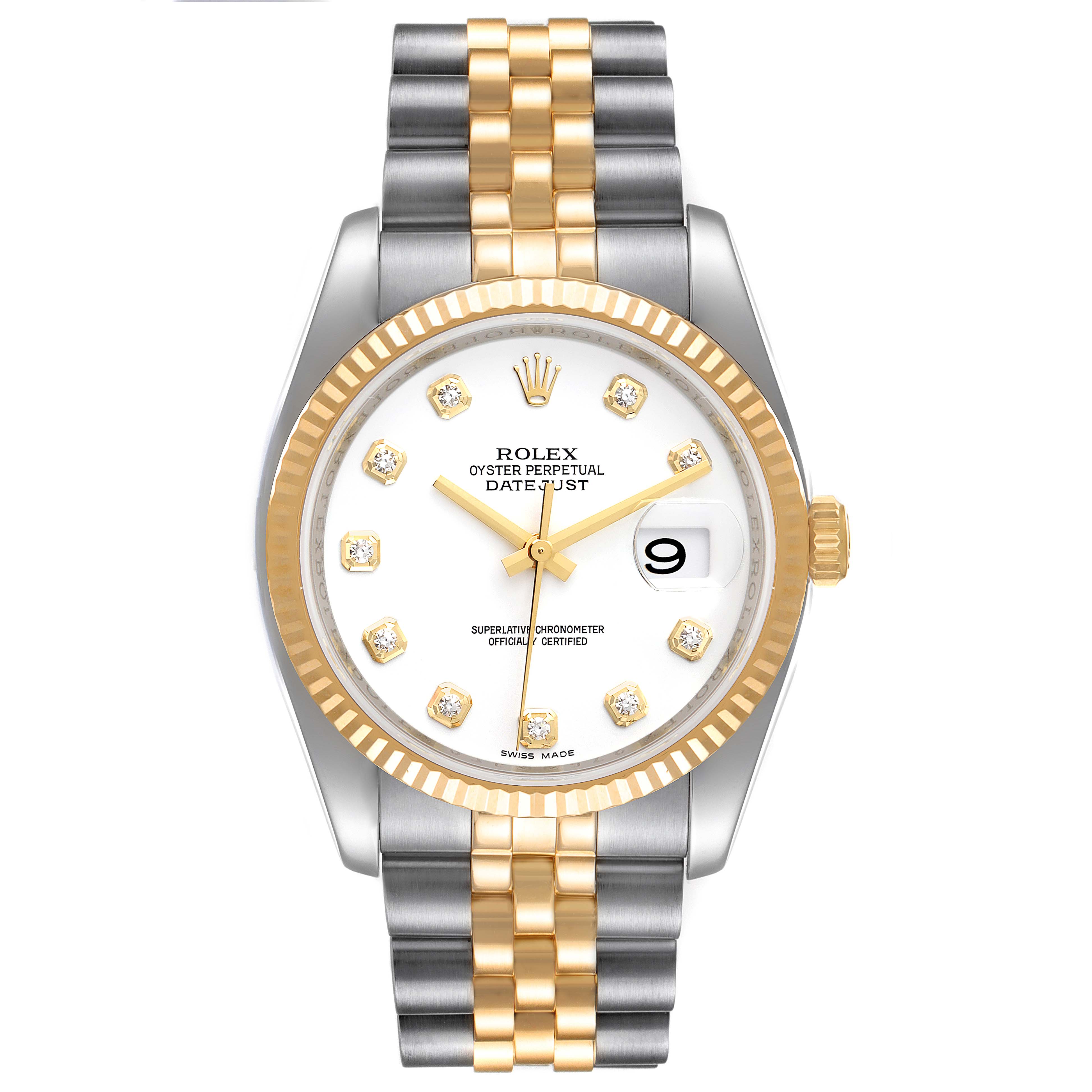 The image shows a Rolex Datejust 116233 Men's Steel and Gold (two tone) White Dial 116233 Men's Steel and Gold (two tone) White Dial watch from a front-facing angle, displaying its dial, bezel, and bracelet.
