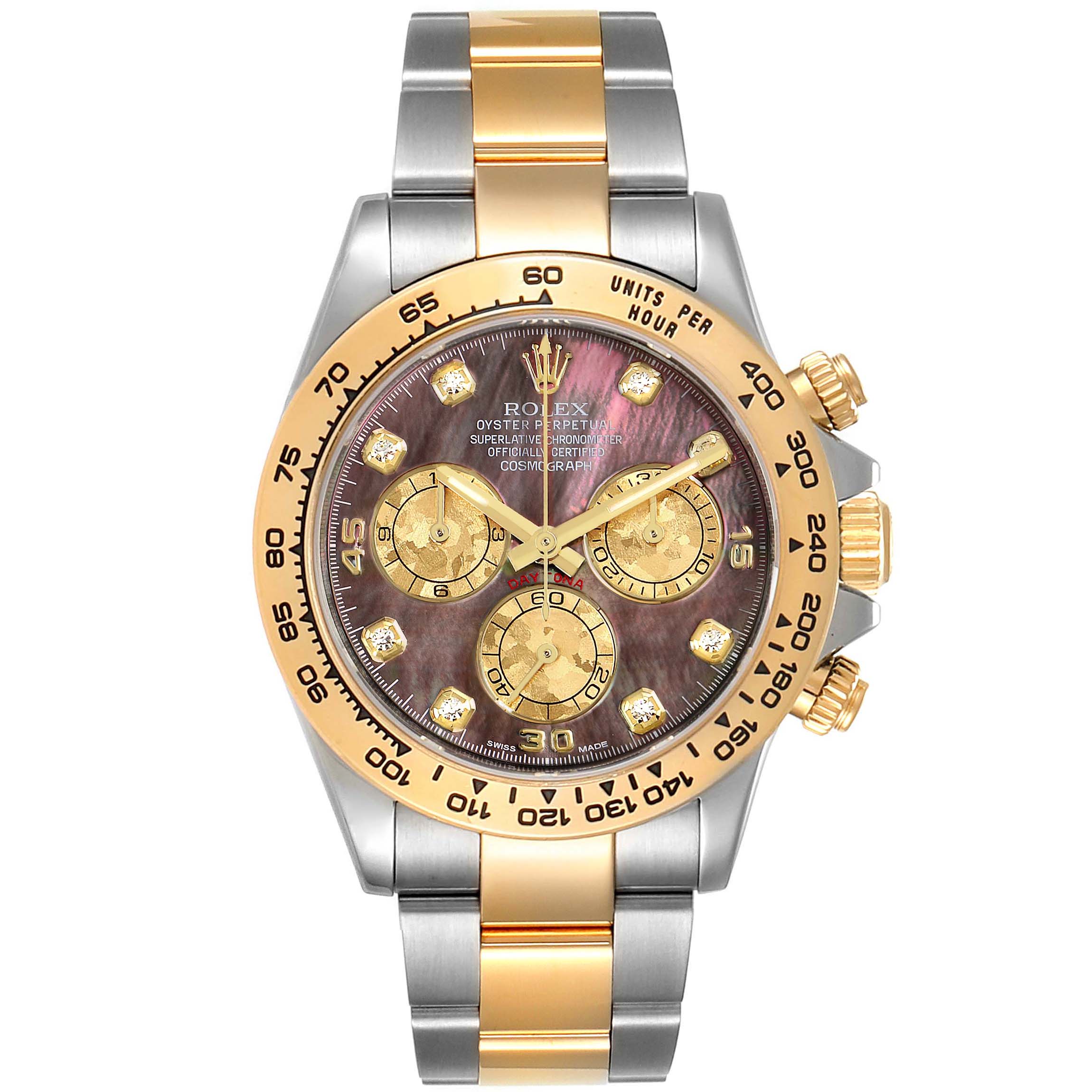 This image showcases the front view of a Rolex Daytona 116503 Men's Steel and Gold (two tone) Mother of Pearl Dial 116503 Men's Steel and Gold (two tone) Mother of Pearl Dial watch, highlighting its bracelet, bezel, and dial.