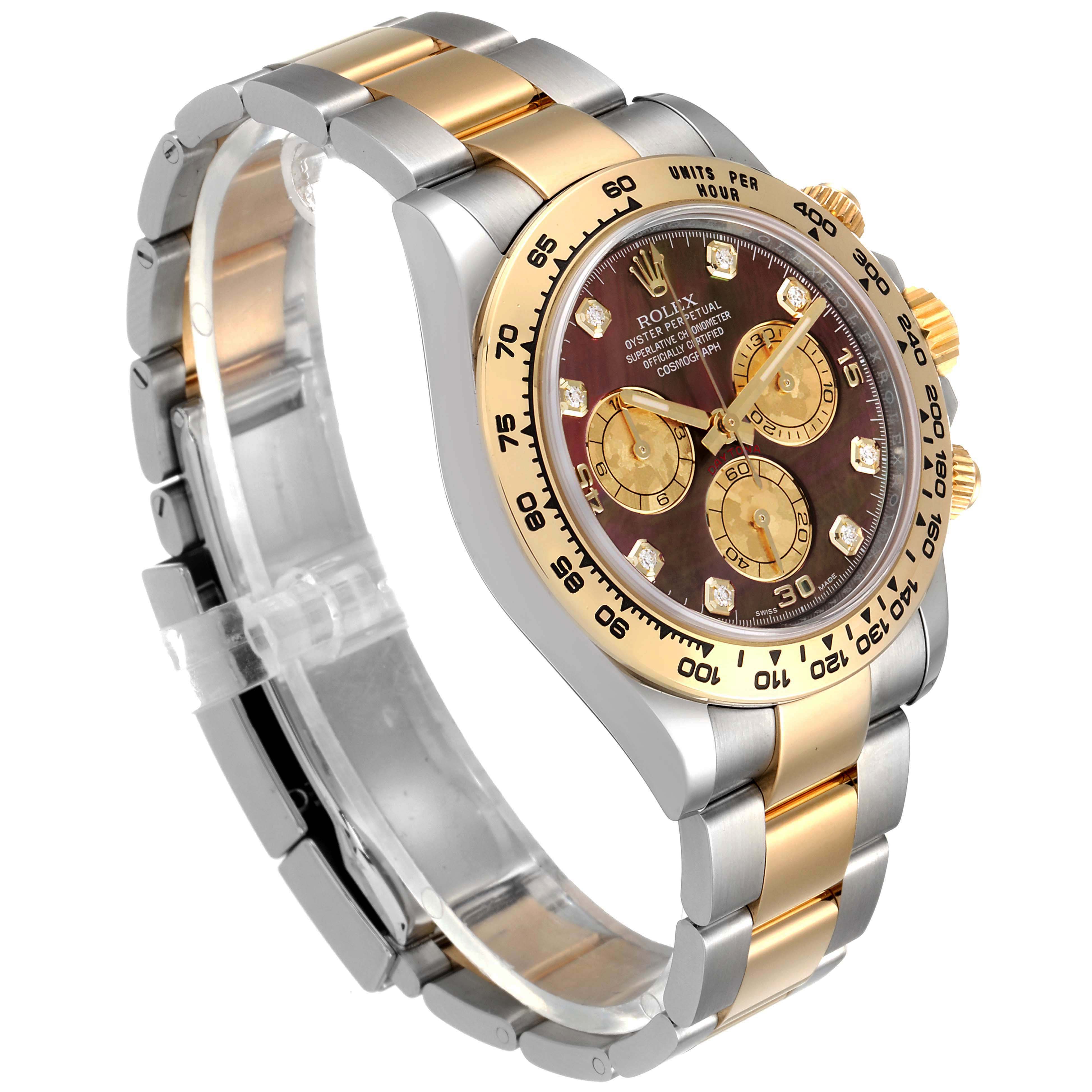 This image shows a side-angle view of a Rolex Daytona 116503 Men's Steel and Gold (two tone) Mother of Pearl Dial 116503 Men's Steel and Gold (two tone) Mother of Pearl Dial watch, highlighting its face, bezel, bracelet, and clasp.