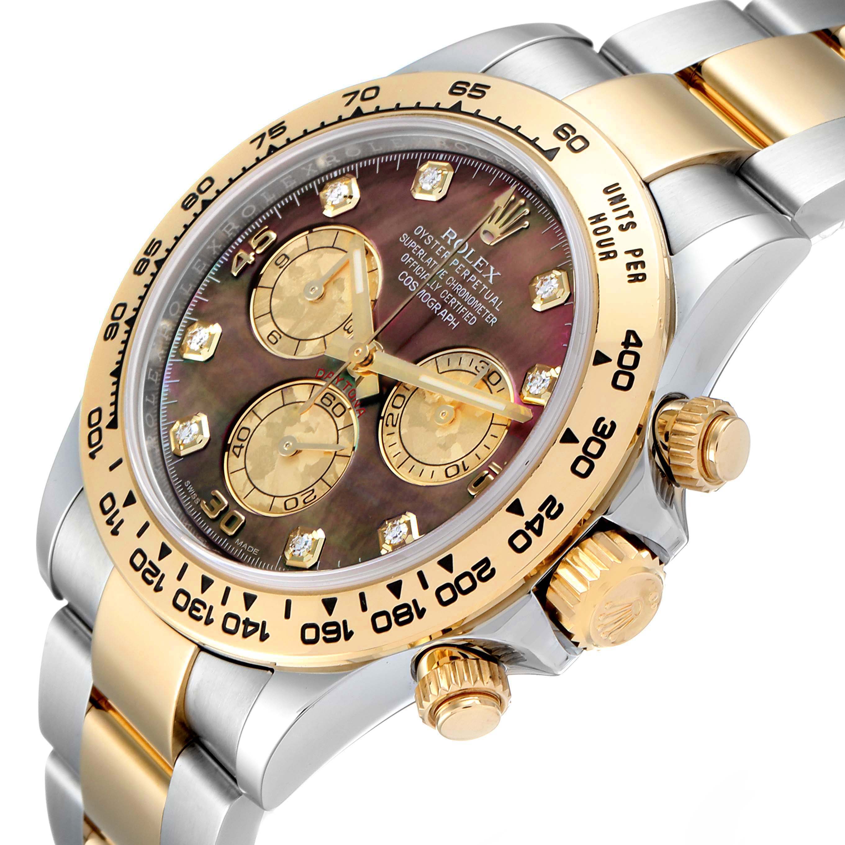 The Rolex Daytona 116503 Men's Steel and Gold (two tone) Mother of Pearl Dial 116503 Men's Steel and Gold (two tone) Mother of Pearl Dial model watch is shown at an angled close-up, highlighting the dial, bezel, and part of the bracelet.