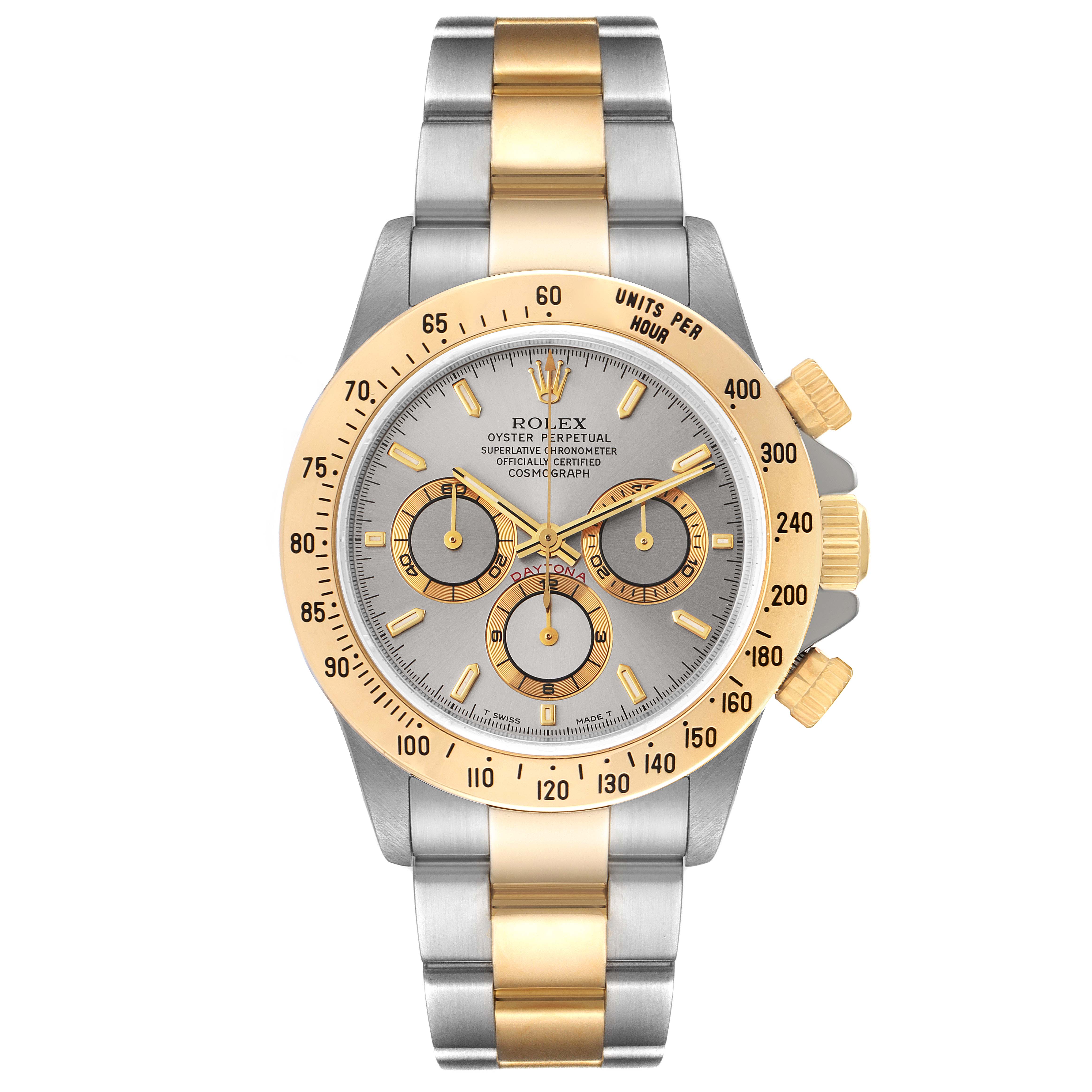 The image shows a front view of a Rolex Daytona 16523 Men
s Steel and Gold (two tone) Grey Dial 16523 Men
s Steel and Gold (two tone) Grey Dial watch, highlighting its face, bezel, pushers, and two-tone metal bracelet.