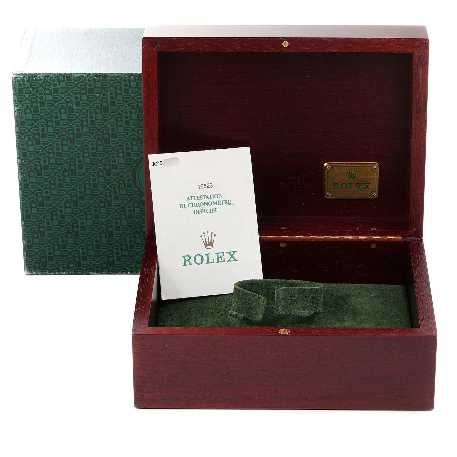 The image shows the open box and documentation for a Rolex Daytona 16523 Men
s Steel and Gold (two tone) Grey Dial 16523 Men
s Steel and Gold (two tone) Grey Dial watch.