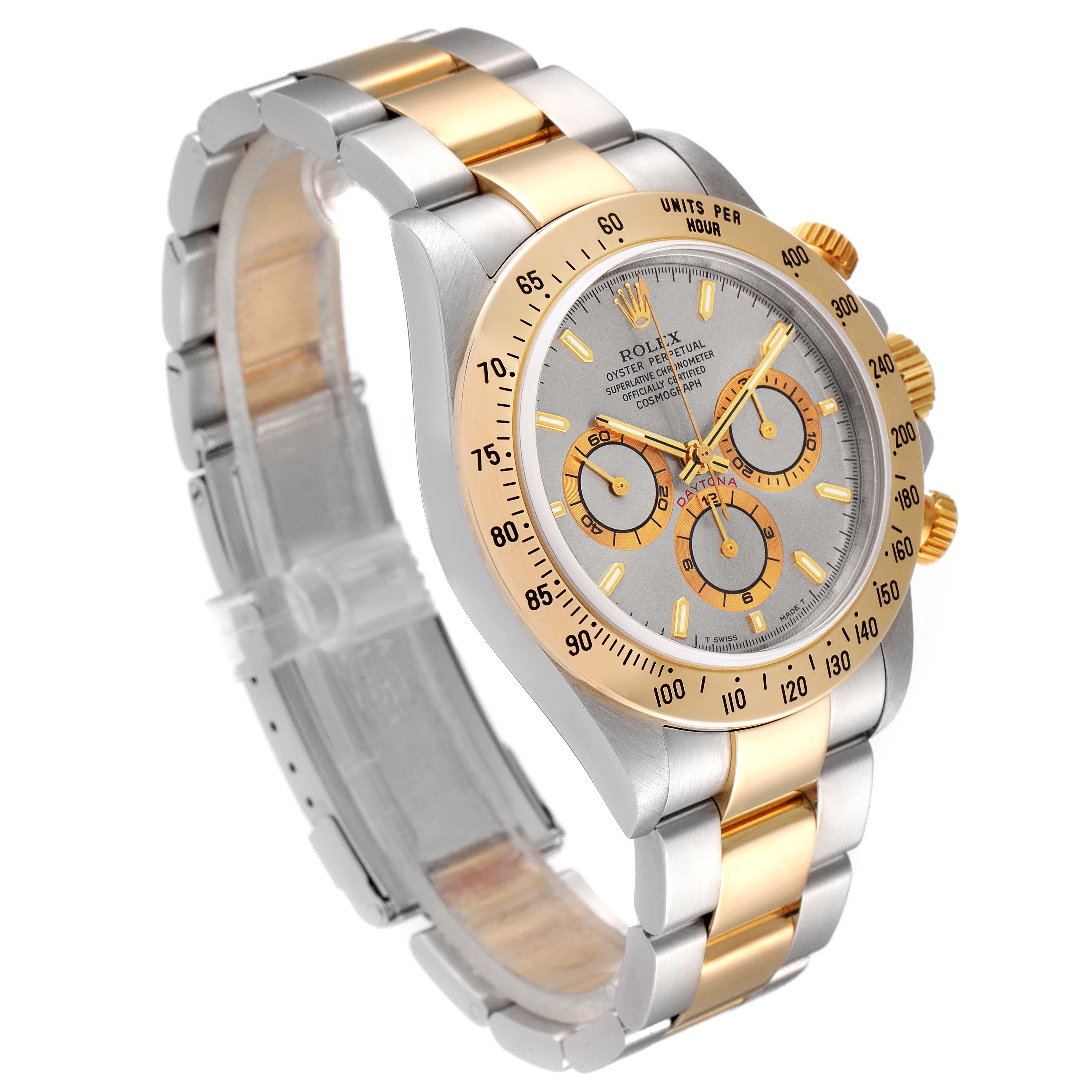 The Rolex Daytona 16523 Men
s Steel and Gold (two tone) Grey Dial 16523 Men
s Steel and Gold (two tone) Grey Dial watch is shown at a slight angle, highlighting its bezel, dial, buttons, and bi-metallic bracelet.