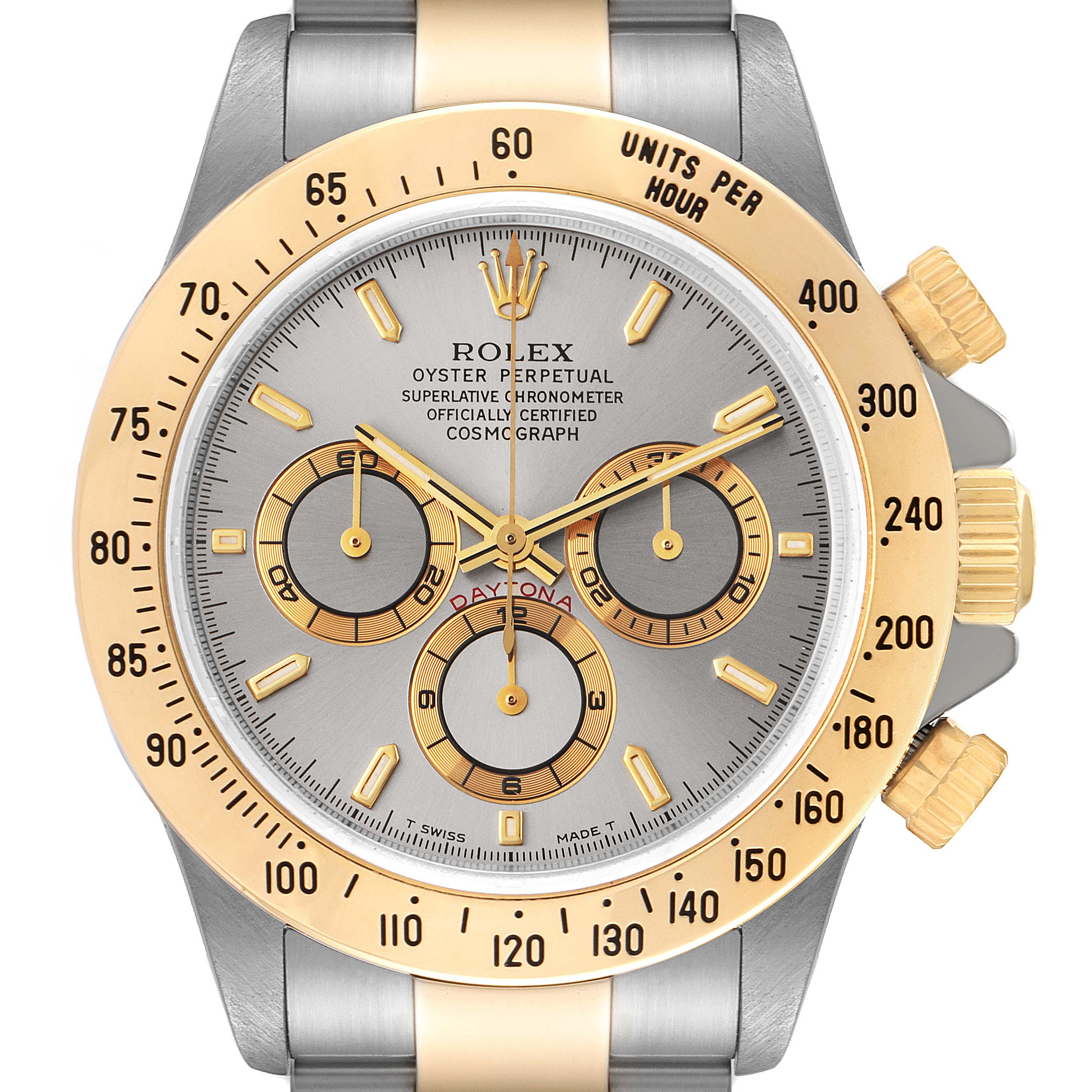 This image shows a front view of a Rolex Daytona 16523 Men
s Steel and Gold (two tone) Grey Dial 16523 Men
s Steel and Gold (two tone) Grey Dial watch, highlighting the dial, bezel, and chronograph subdials.