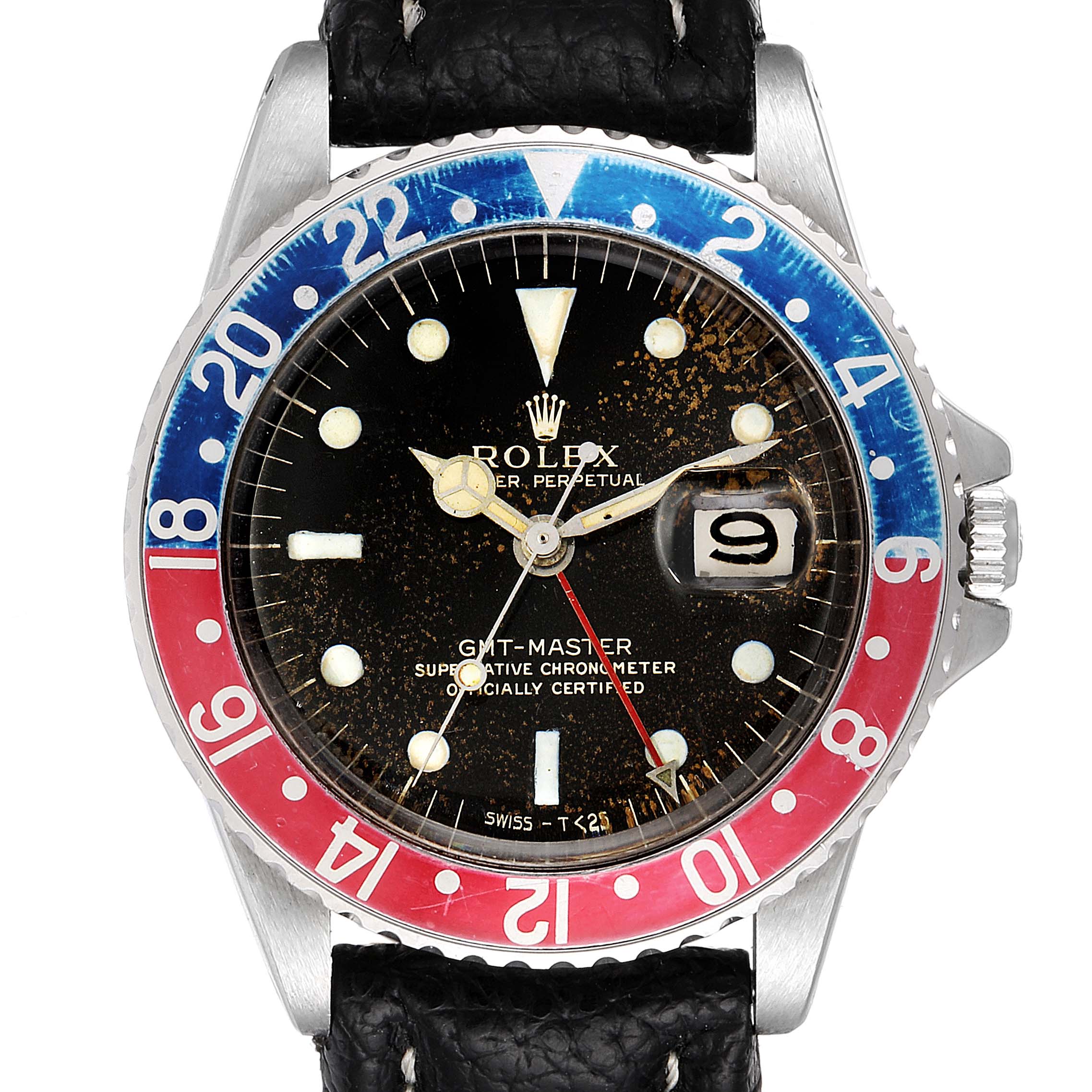 This image shows a front view of the Vintage Collection Rolex GMT-Master watch, featuring the bezel, dial, and crown.