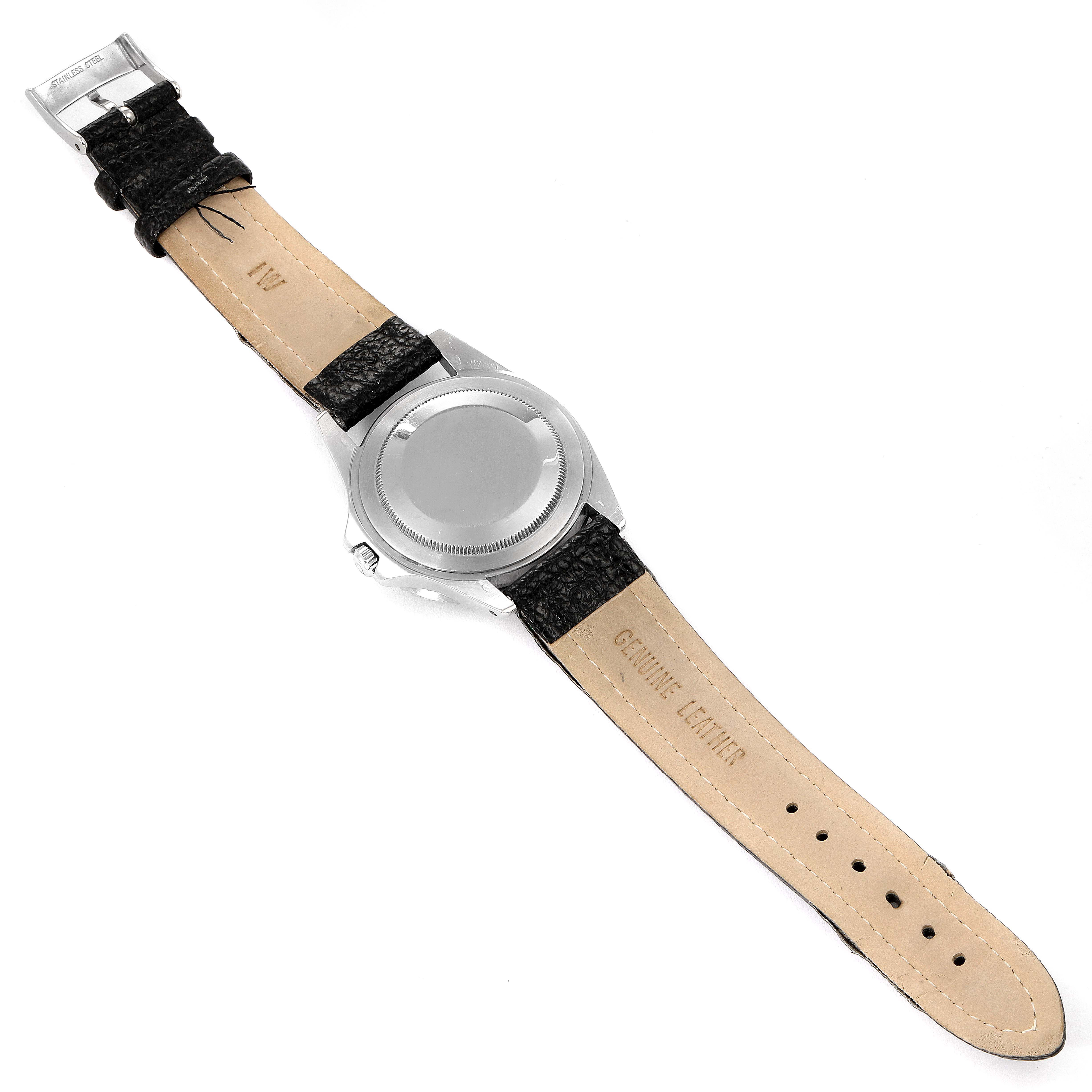 This image shows the back view of the Rolex Vintage Collection 1675 Men's Stainless Steel Black Dial 1675 Men's Stainless Steel Black Dial watch, detailing the leather strap and watch case.