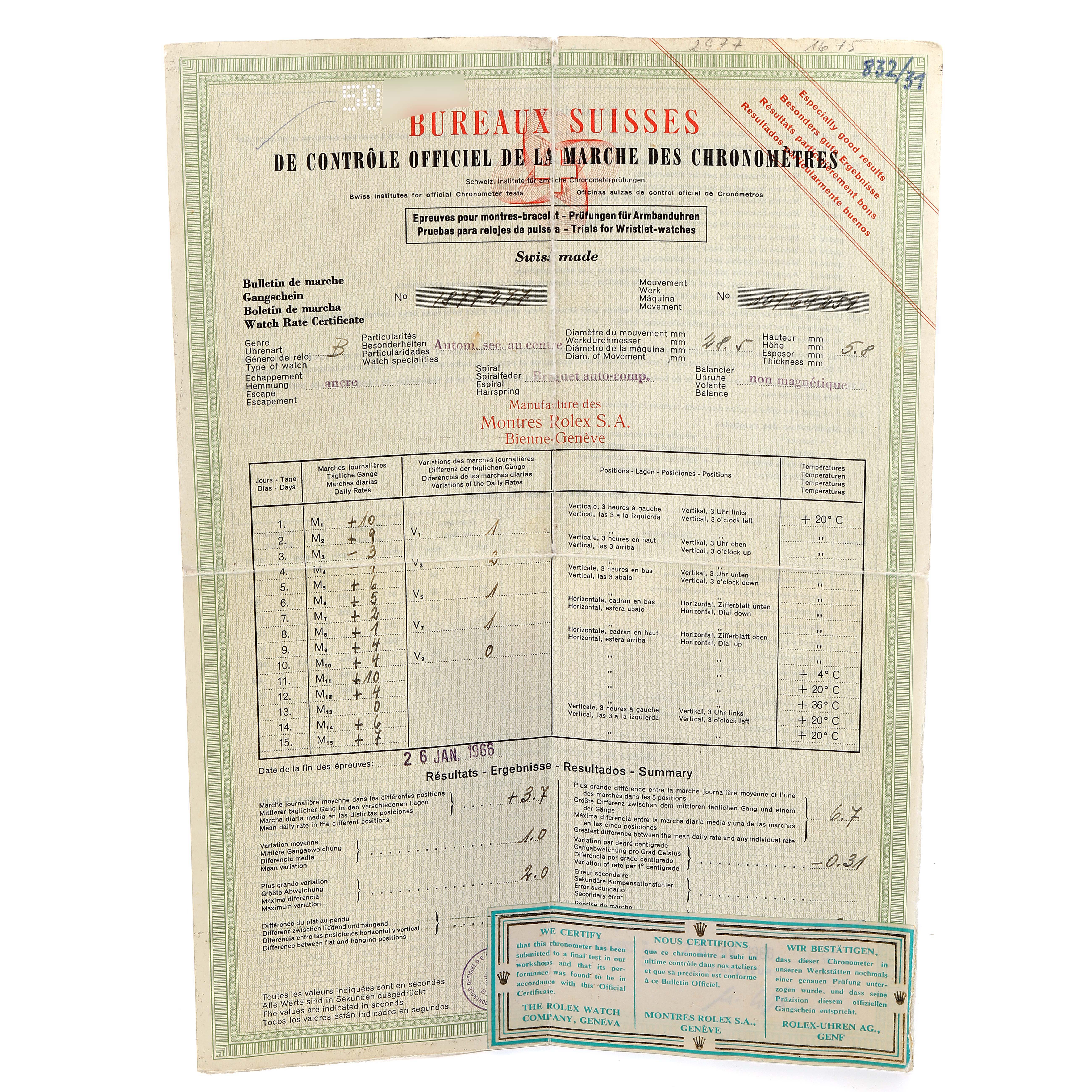 This image shows an official certification document for the Rolex Vintage Collection 1675 Men's Stainless Steel Black Dial 1675 Men's Stainless Steel Black Dial model watch.