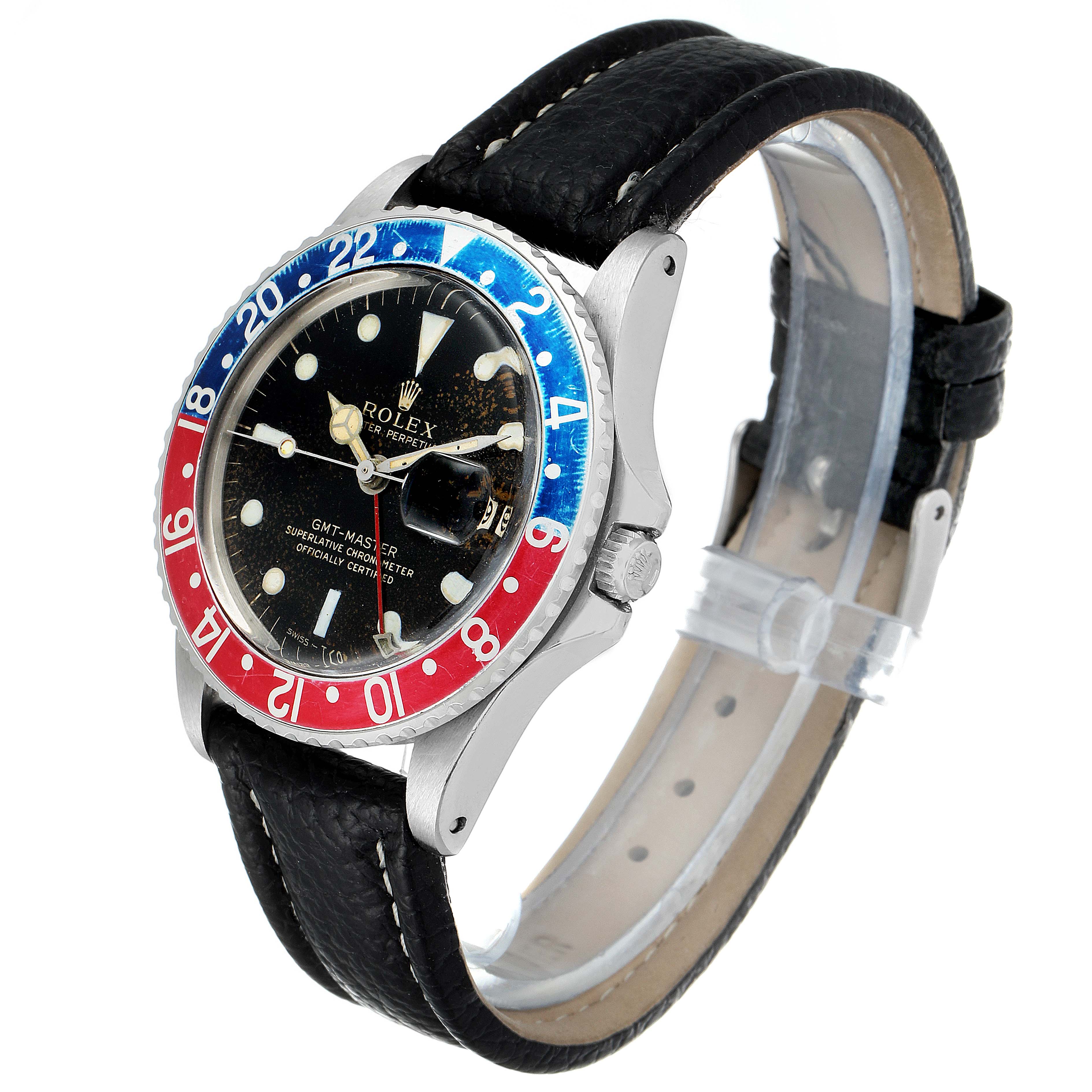 The Vintage Collection Rolex GMT-Master watch is shown at an angle displaying the dial, bezel, case, and leather strap.