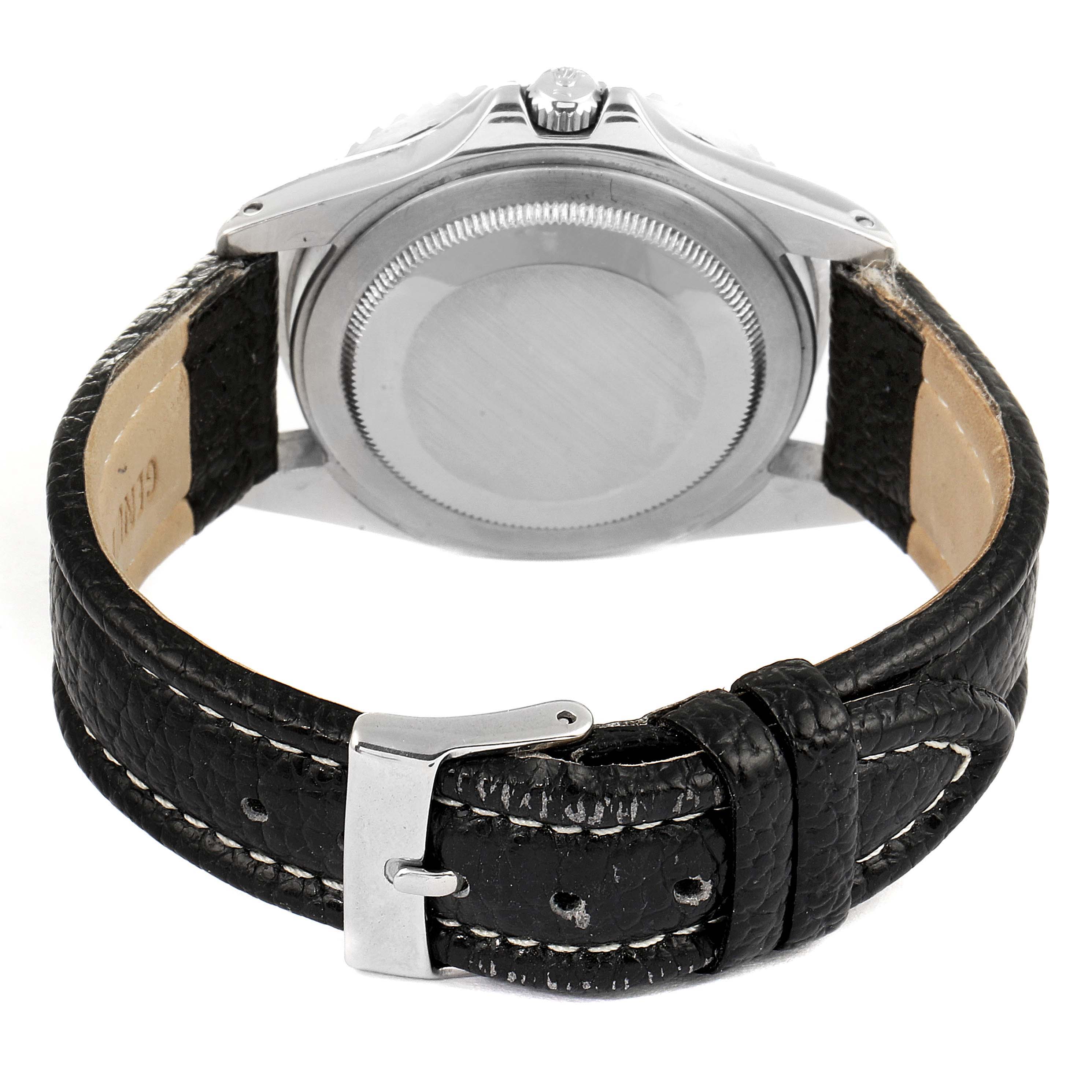 The image shows the back view of the Rolex Vintage Collection 1675 Men's Stainless Steel Black Dial 1675 Men's Stainless Steel Black Dial watch with focus on the case back and black leather strap.