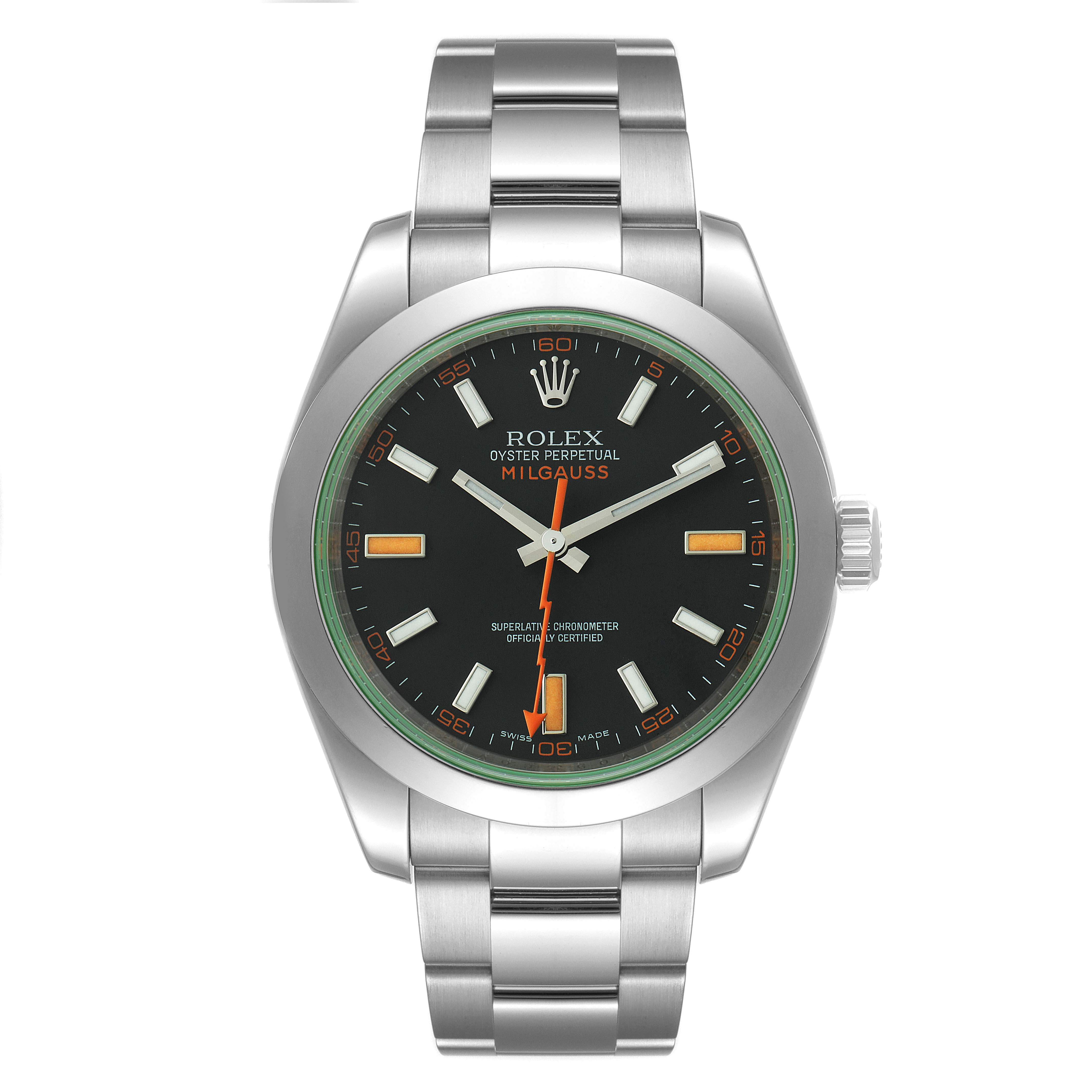 This image shows a front view of a Rolex Milgauss 116400V Men's Stainless Steel Black Dial 116400V Men's Stainless Steel Black Dial watch, featuring its dial, hands, and stainless steel bracelet.