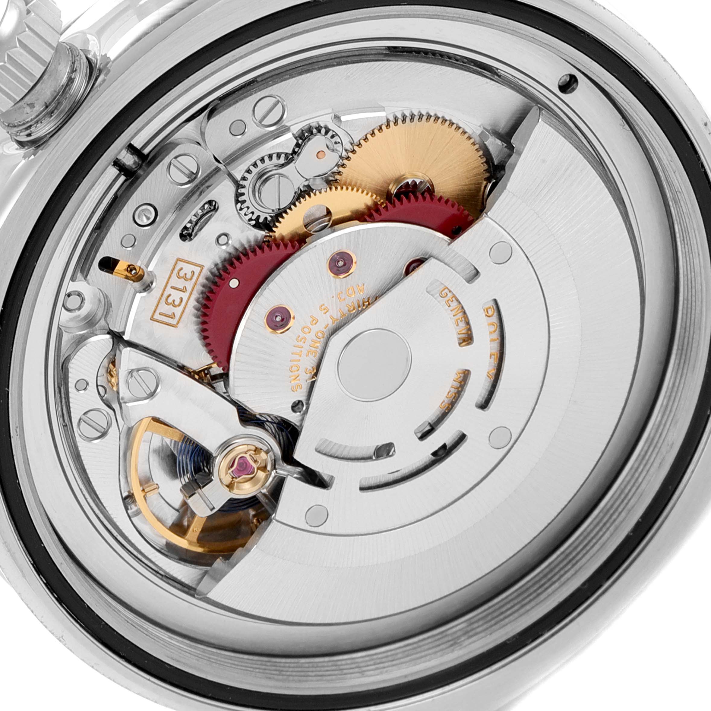 The image shows the internal mechanism and movement parts of a Rolex Milgauss 116400V Men's Stainless Steel Black Dial 116400V Men's Stainless Steel Black Dial watch from a macro angle.