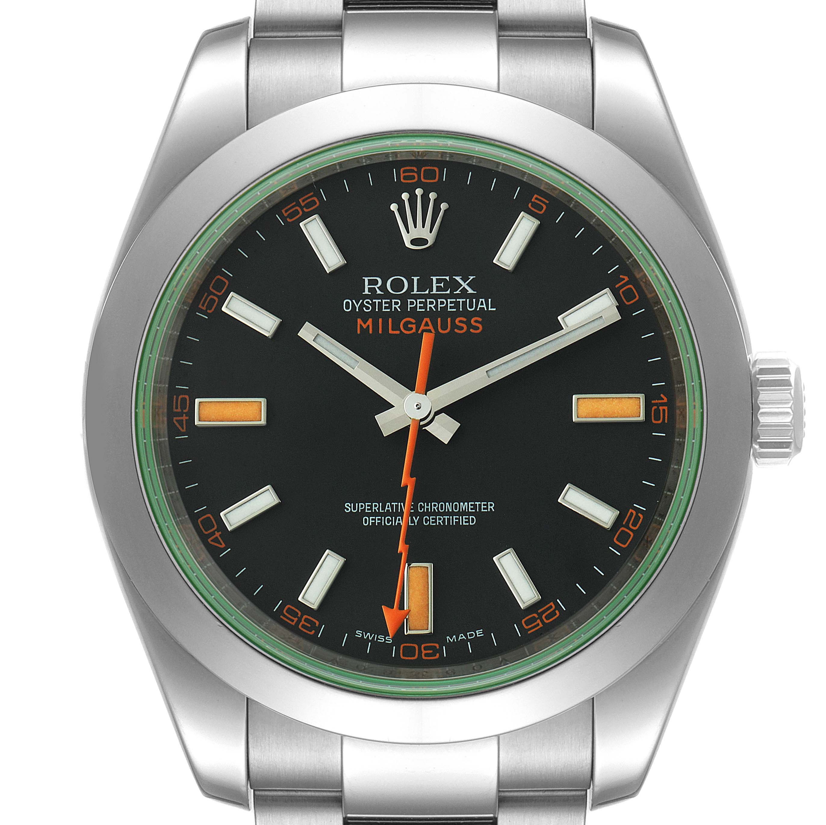 The image shows a front view of a Rolex Milgauss 116400V Men's Stainless Steel Black Dial 116400V Men's Stainless Steel Black Dial watch, highlighting its black dial, orange lightning bolt second hand, and stainless steel bracelet.