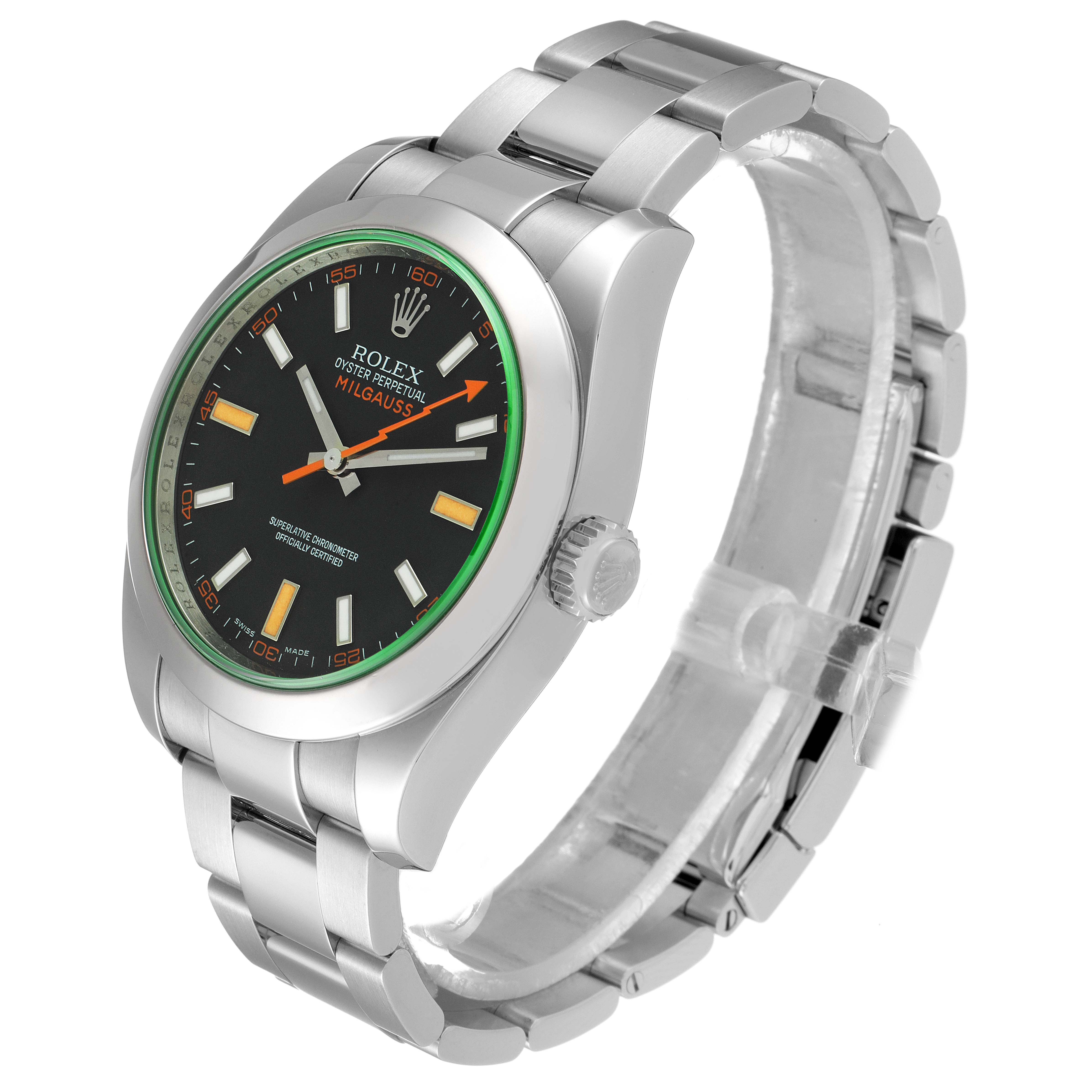 The Rolex Milgauss 116400V Men's Stainless Steel Black Dial 116400V Men's Stainless Steel Black Dial watch is shown at a three-quarter angle, displaying the face, crown, and bracelet.