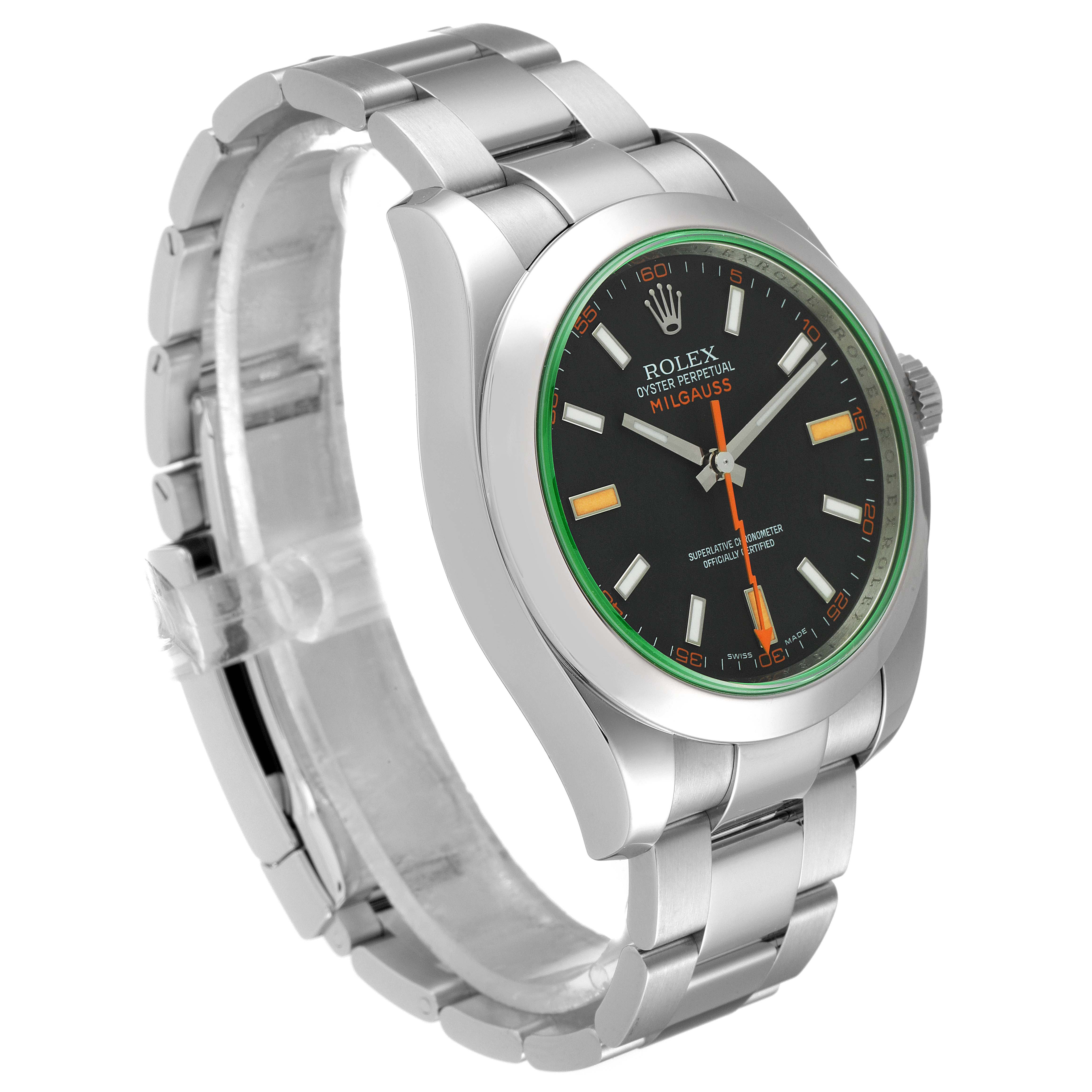 The Rolex Milgauss 116400V Men's Stainless Steel Black Dial 116400V Men's Stainless Steel Black Dial watch is shown at a slight angle, displaying the face, bezel, case, and part of the bracelet.