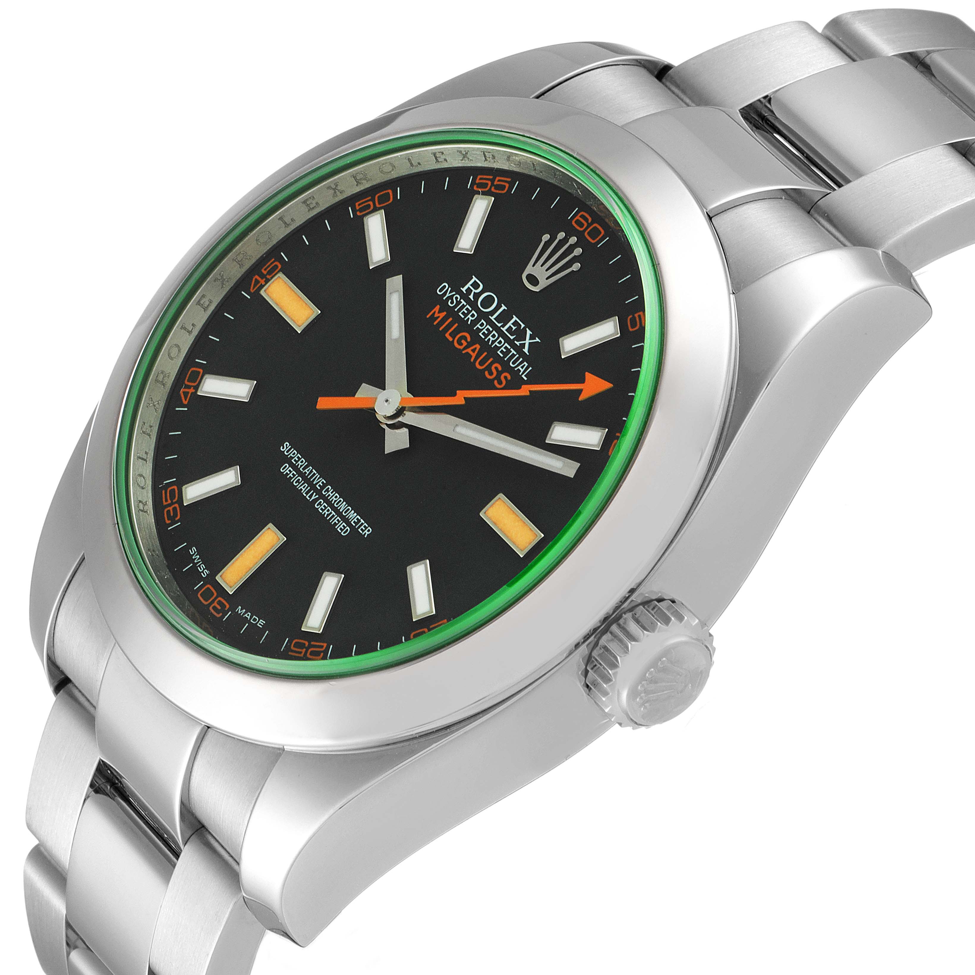 The image shows a Rolex Milgauss 116400V Men's Stainless Steel Black Dial 116400V Men's Stainless Steel Black Dial watch at a slight angle, highlighting the watch's face, bezel, and bracelet.