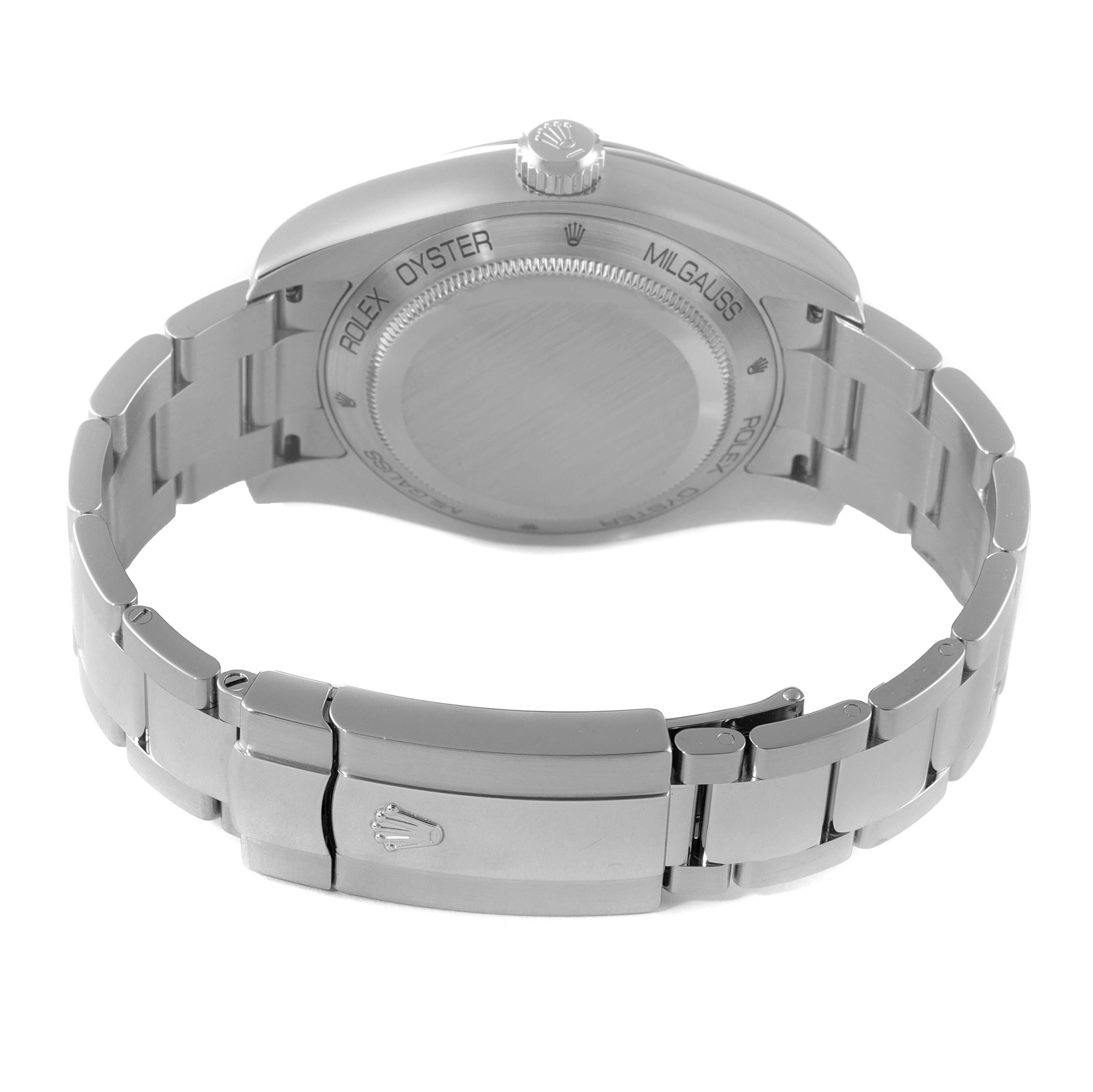 This image shows the back case and bracelet of a Rolex Milgauss 116400V Men's Stainless Steel Black Dial 116400V Men's Stainless Steel Black Dial watch from a rear angle.