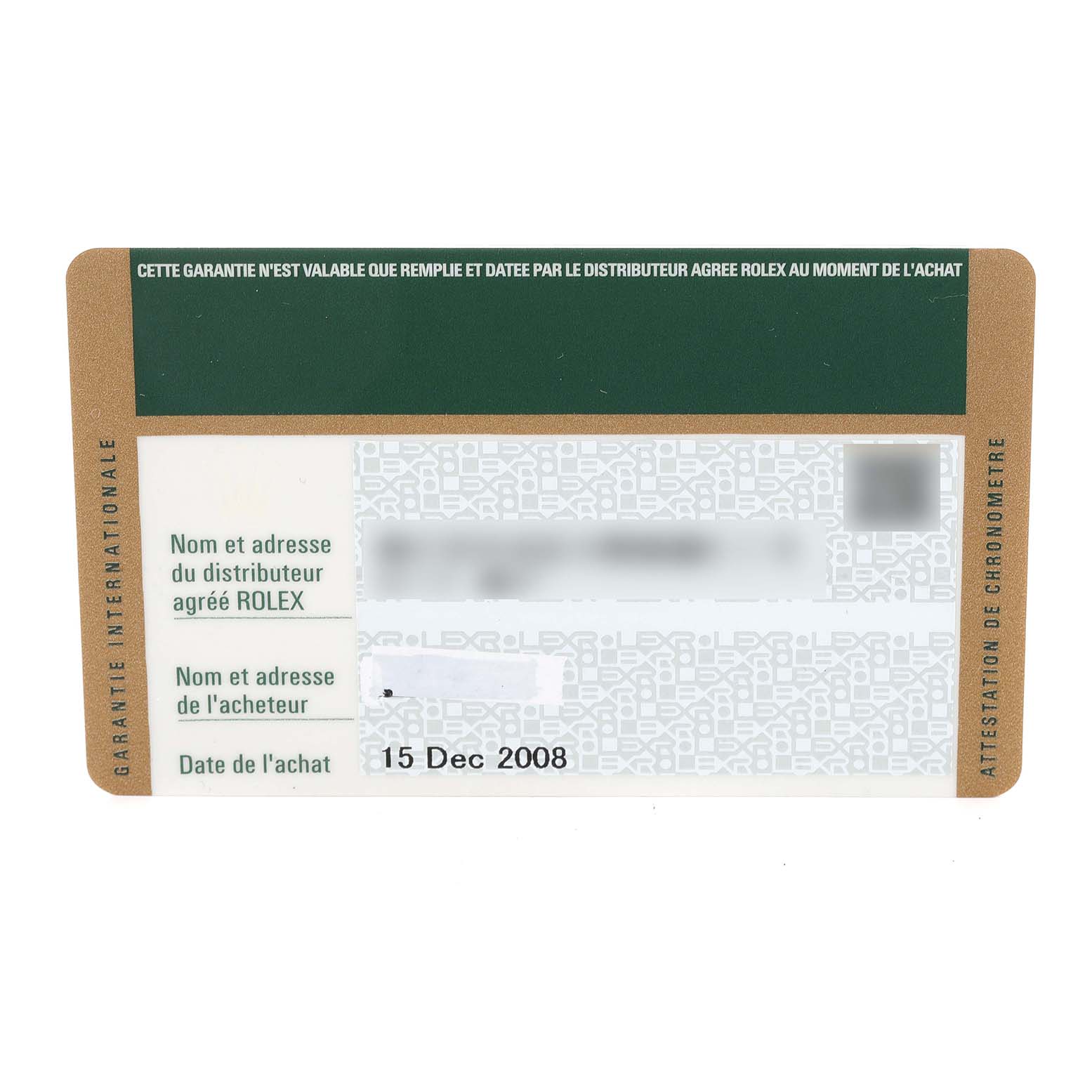 The image shows a warranty card for a Rolex Milgauss 116400V Men's Stainless Steel Black Dial 116400V Men's Stainless Steel Black Dial watch.