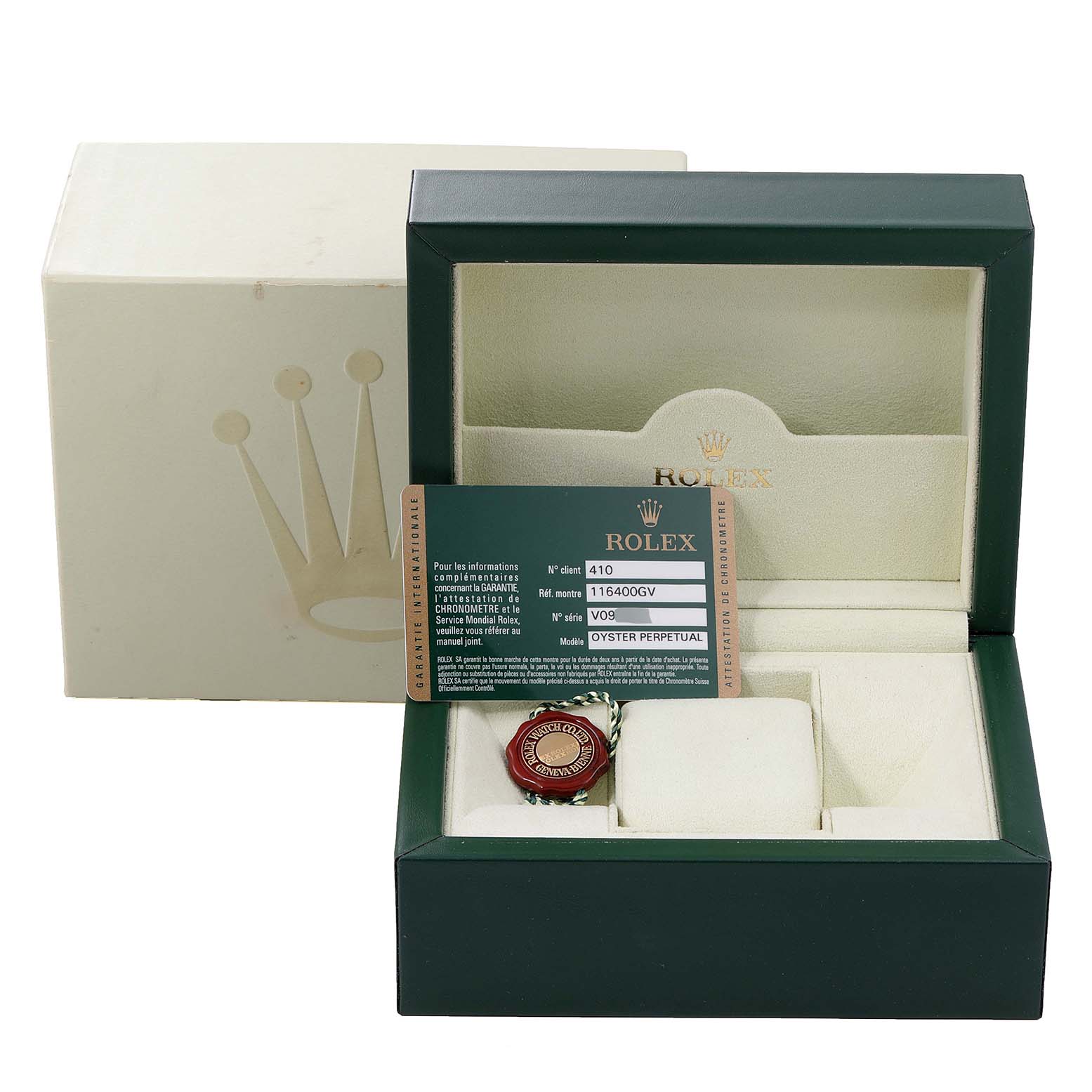 The image shows the Rolex Milgauss 116400V Men's Stainless Steel Black Dial 116400V Men's Stainless Steel Black Dial watch’s box, certification card, and a seal tag, viewed from the front.