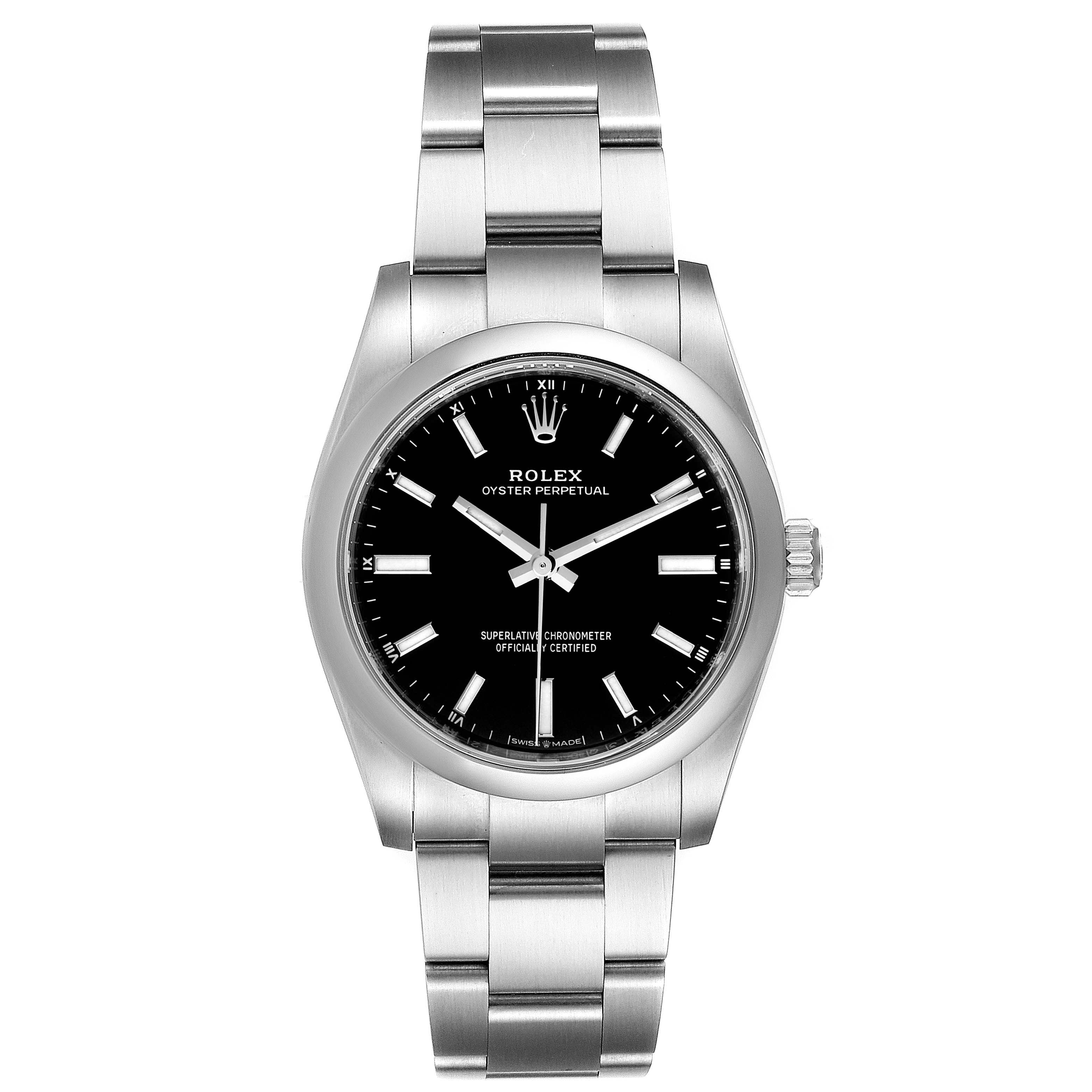 The image shows a front view of a Rolex Oyster Perpetual 124200 Men
s Stainless Steel Black Dial 124200 Men
s Stainless Steel Black Dial watch, highlighting the dial, case, and bracelet.