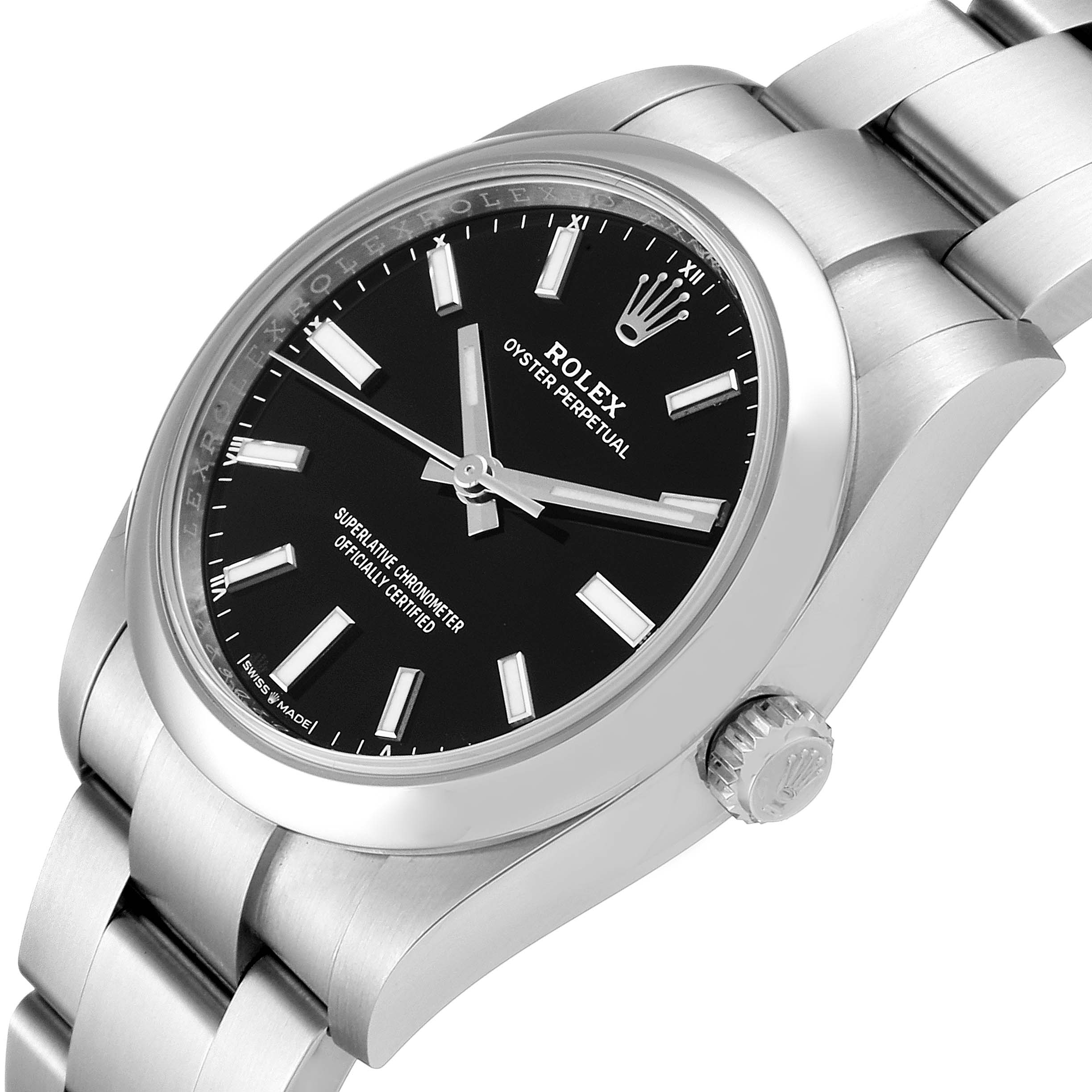 The image shows a close-up side angle of the Rolex Oyster Perpetual 124200 Men
s Stainless Steel Black Dial 124200 Men
s Stainless Steel Black Dial watch, highlighting the face, bracelet, and crown.