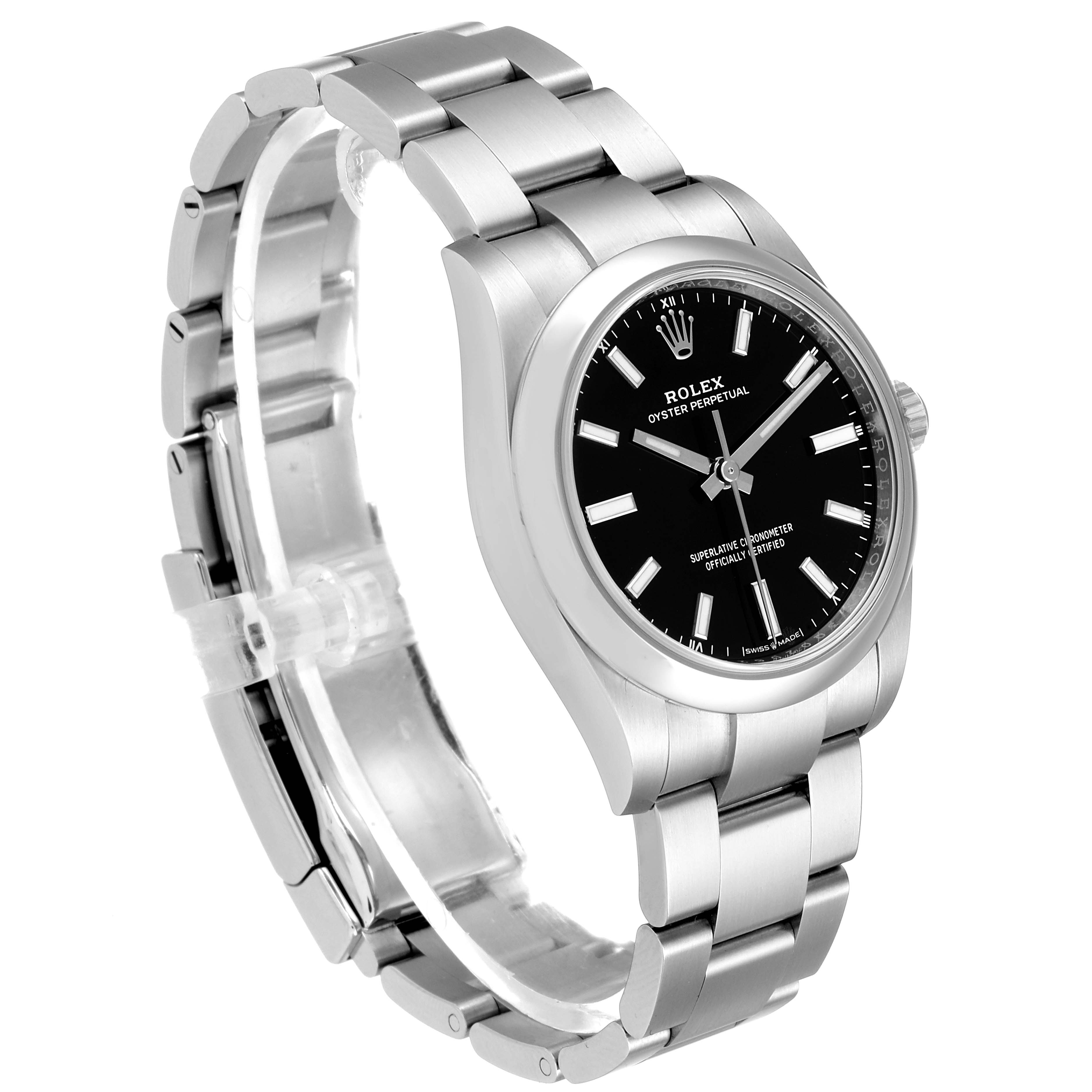 The image shows a side view of the Rolex Oyster Perpetual 124200 Men
s Stainless Steel Black Dial 124200 Men
s Stainless Steel Black Dial watch, highlighting the bracelet and black dial.