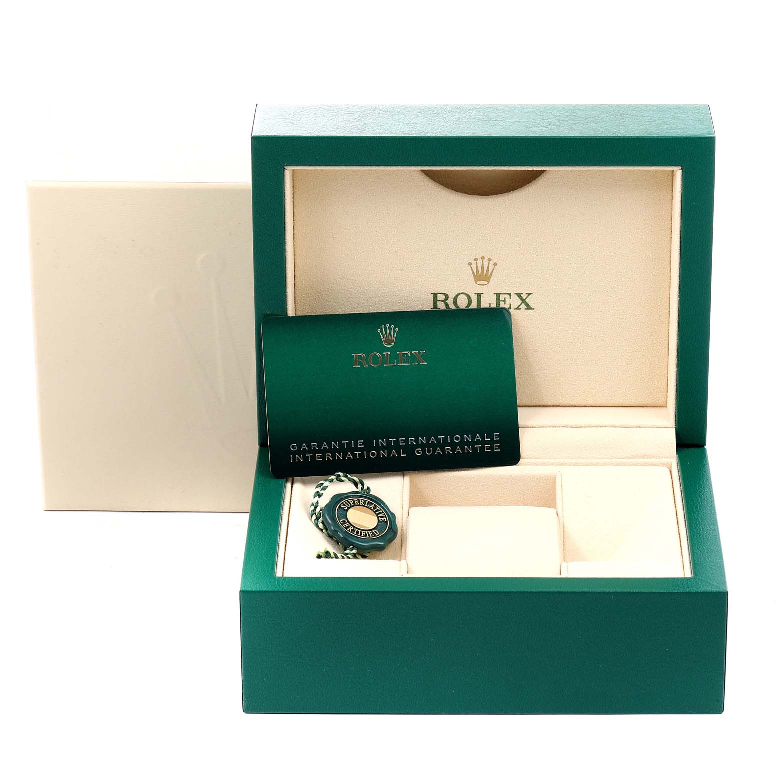 This image shows the storage box and accessories including the international guarantee card and tag for a Rolex Oyster Perpetual 124200 Men
s Stainless Steel Black Dial 124200 Men
s Stainless Steel Black Dial watch.