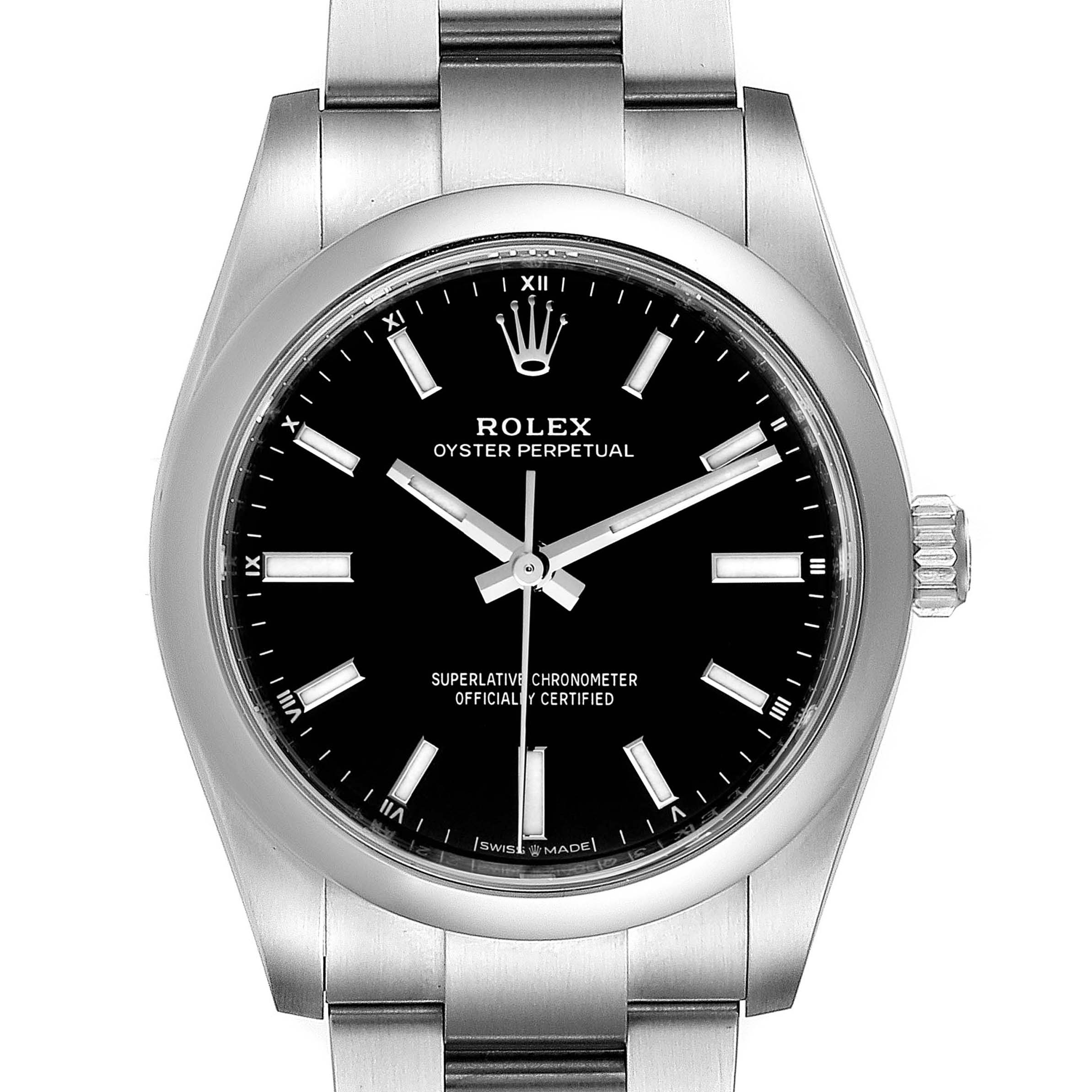 The image shows a front view of the Rolex Oyster Perpetual 124200 Men
s Stainless Steel Black Dial 124200 Men
s Stainless Steel Black Dial watch, highlighting the dial, hands, bezel, and part of the bracelet.